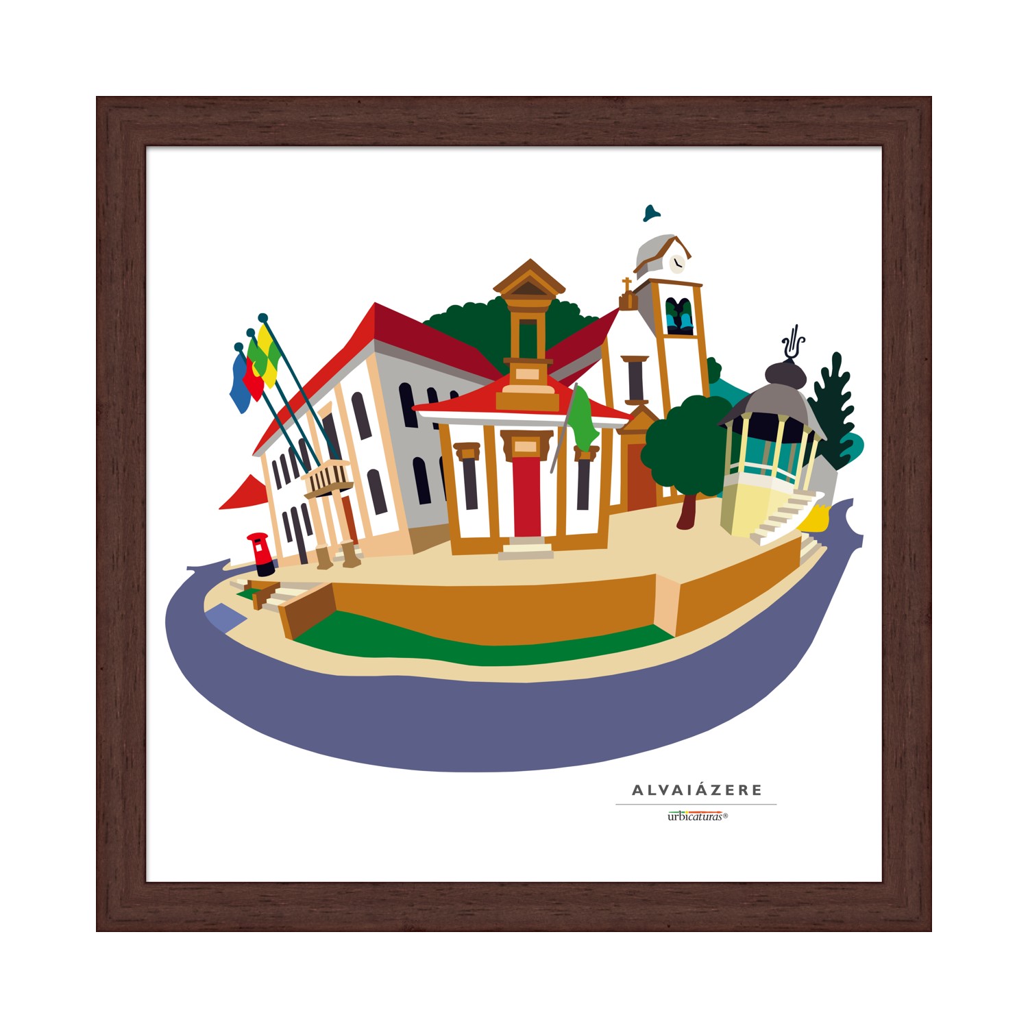 ALVAIÁZERE Recortes – Câmara Ilustração digital de edifícios em Alvaiázere em moldura castanha.