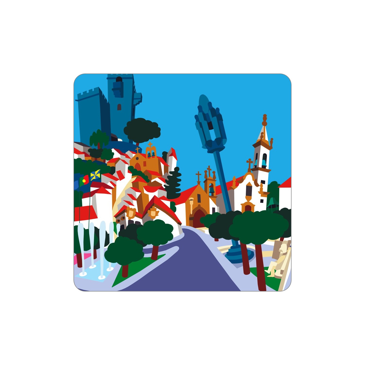 PINHEL Ímanes – Geral Ilustração colorida de uma vila com casas, árvores e uma torre.