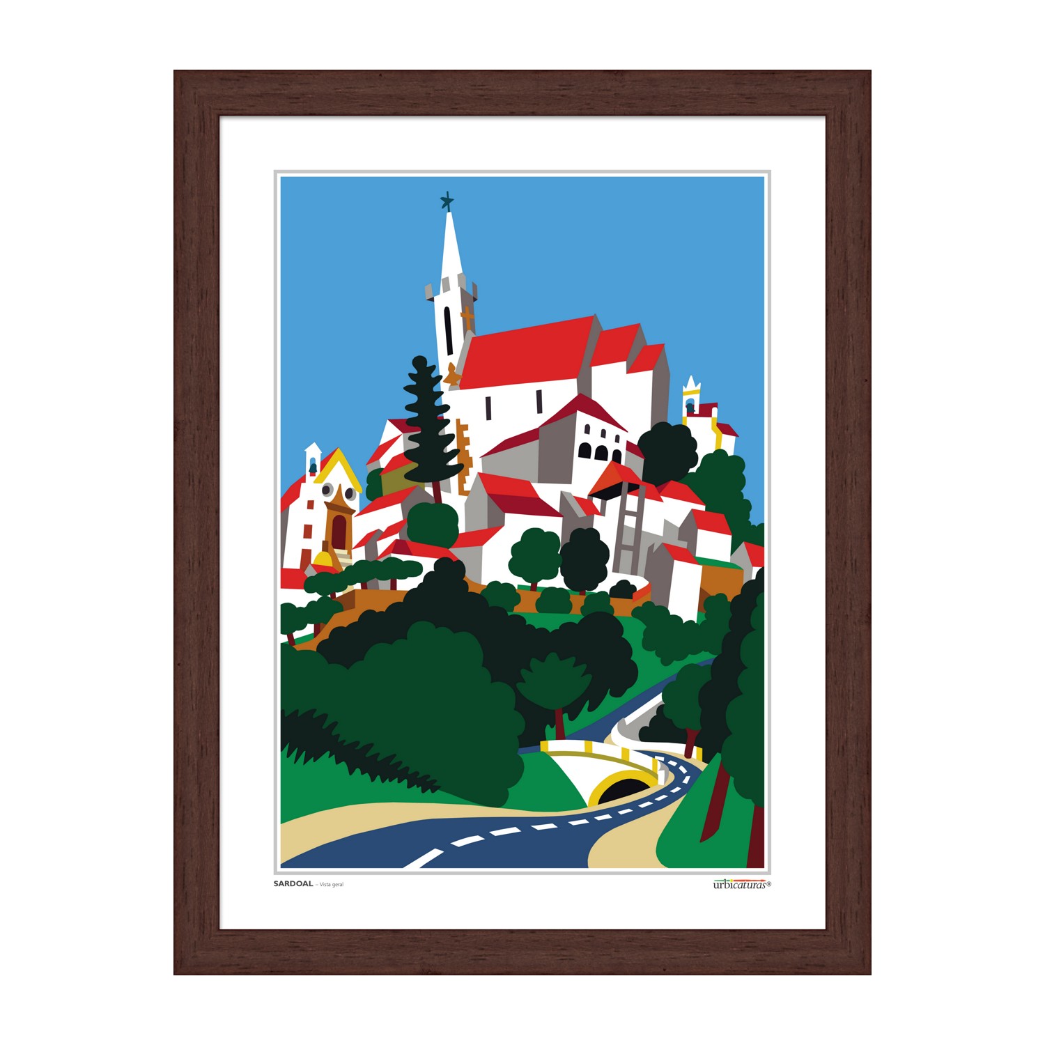 SARDOAL – Vista geral gráfico colorido de vila com casas vermelhas e estrada curva em moldura de madeira