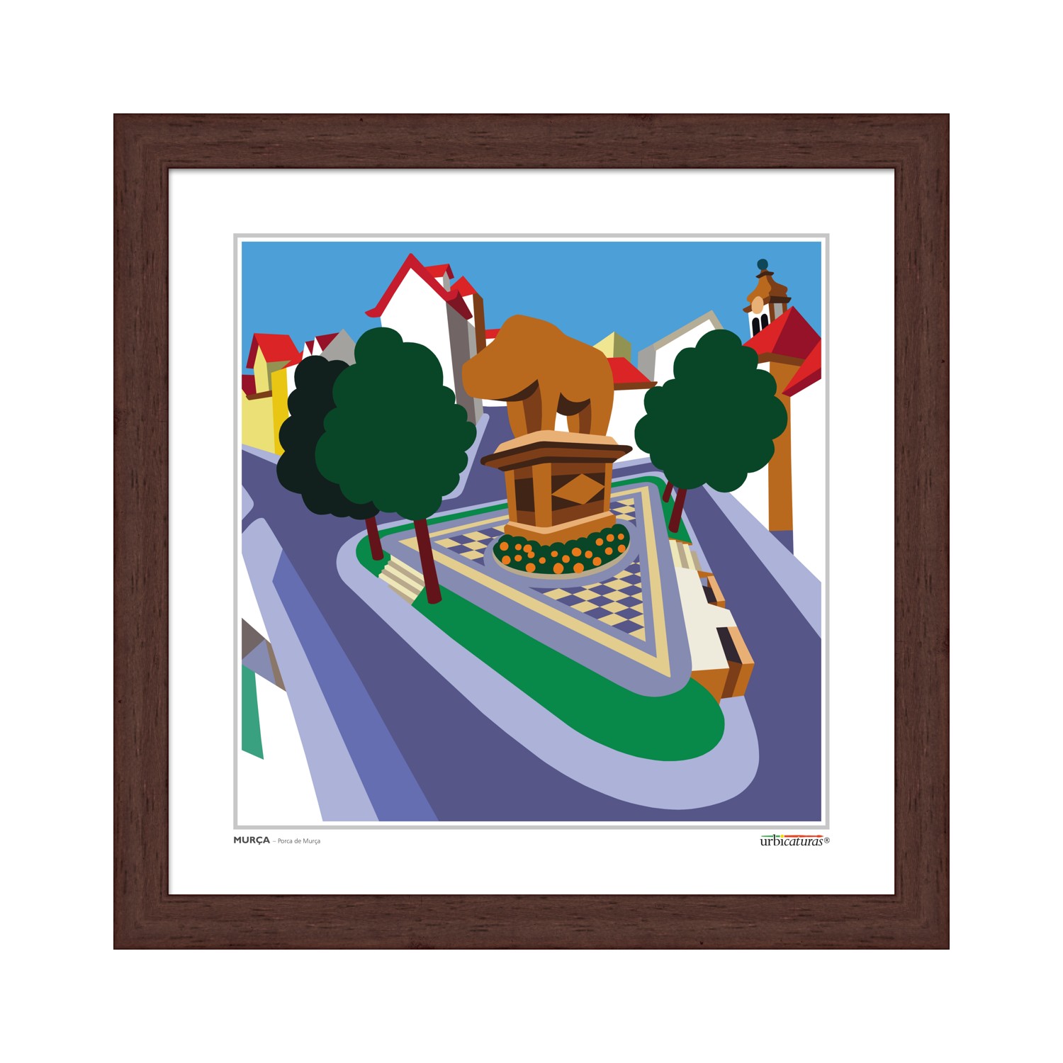 MURÇA – Porca de Murça Quadro com ilustração estilizada de praça triangular com monumento e árvores em Murça