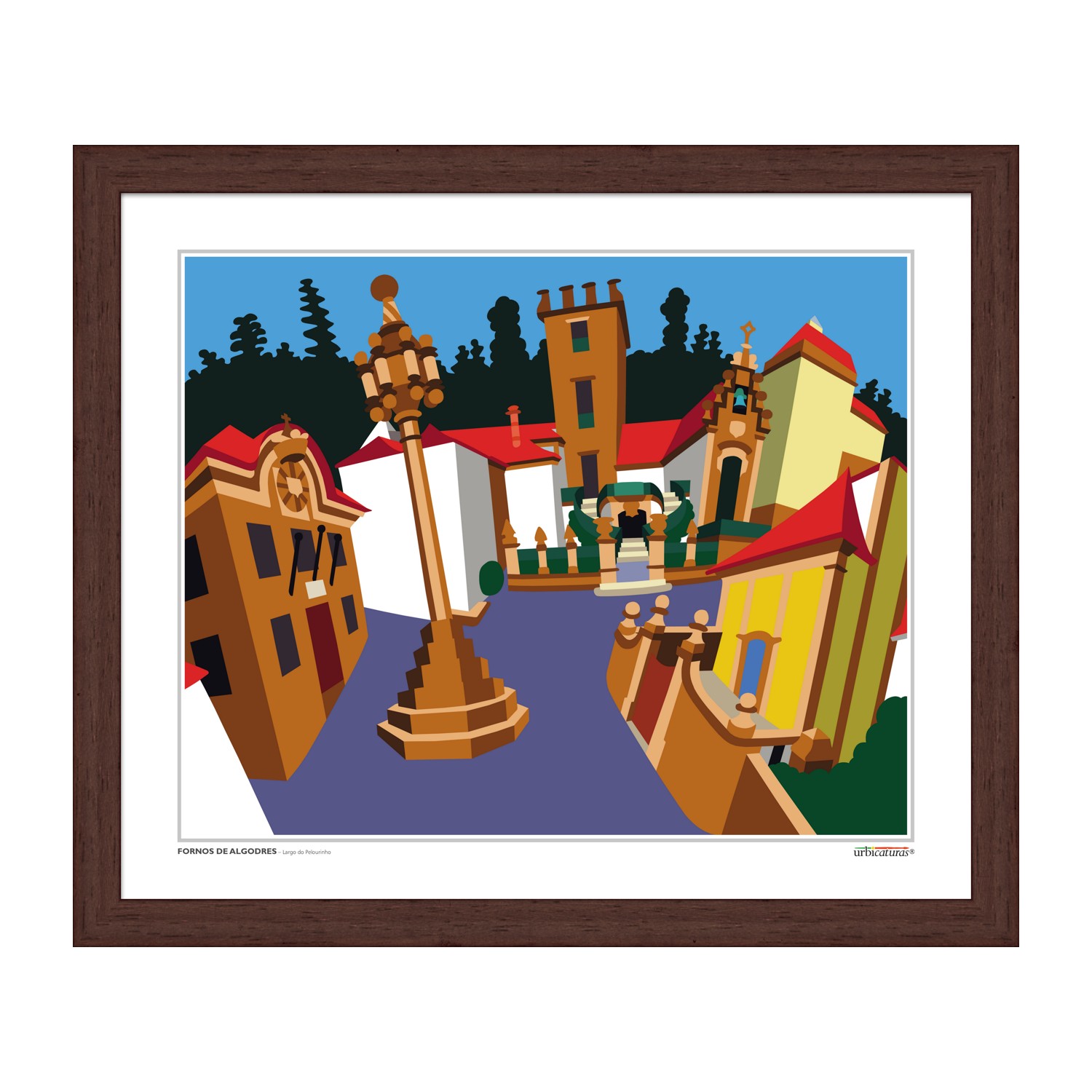 FORNOS DE ALGODRES – Largo do Pelourinho Quadro ilustrativo colorido de edifícios e estrutura em pedra com moldura de madeira