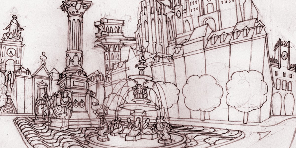 Desenho artístico a carvão de uma praça com fonte e edifícios históricos