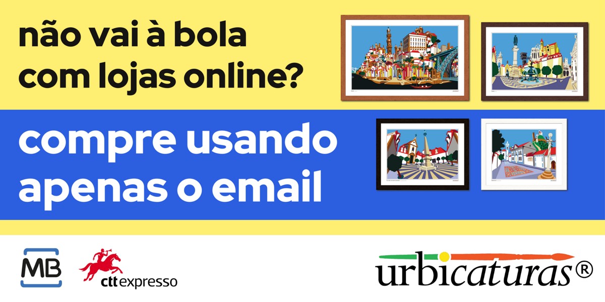 Imagem publicitária com texto em português e ilustrações de cidades portuguesas