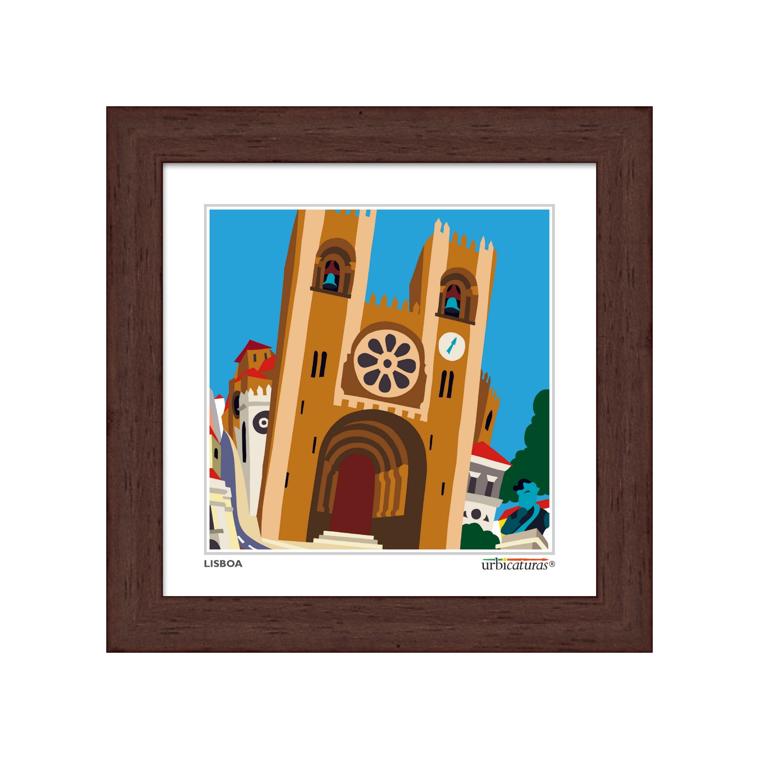 LISBOA Minis – Sé Ilustração gráfica da Sé de Lisboa em quadro com moldura castanha