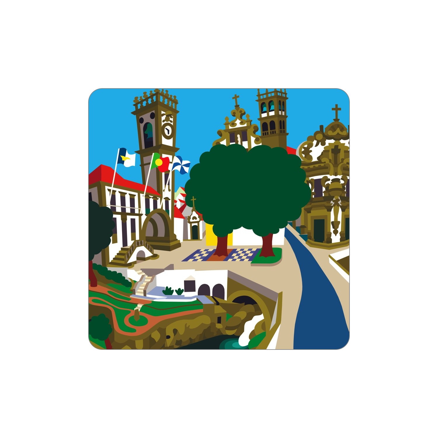 RIBEIRA GRANDE Ímanes – Centro Ilustração de praça com torre de relógio, árvores, e edifícios históricos em cores vivas