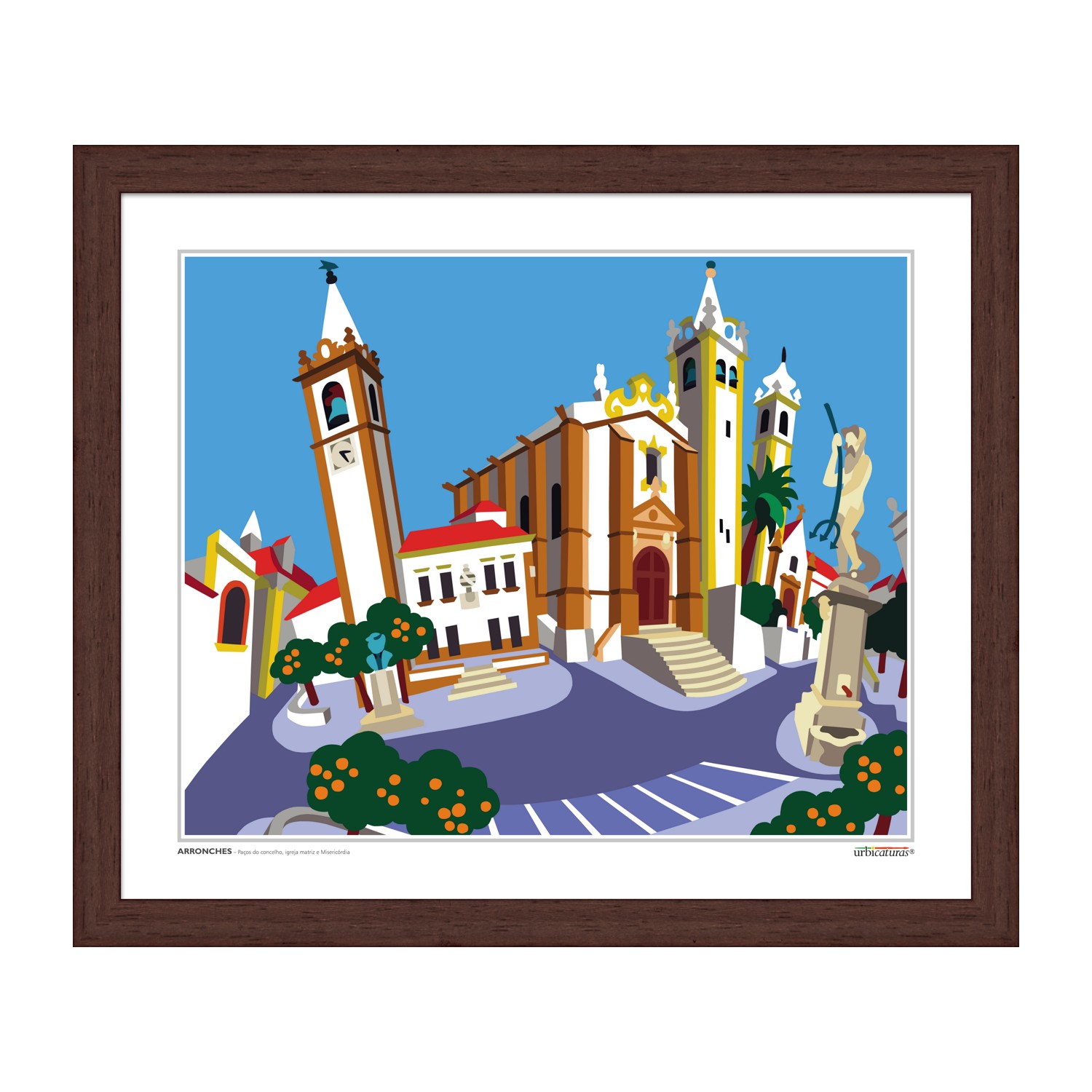 ARRONCHES – Paços do concelho, igreja matriz e Misericórdia Ilustração colorida de uma praça com igreja, torres e estátuas em moldura de madeira