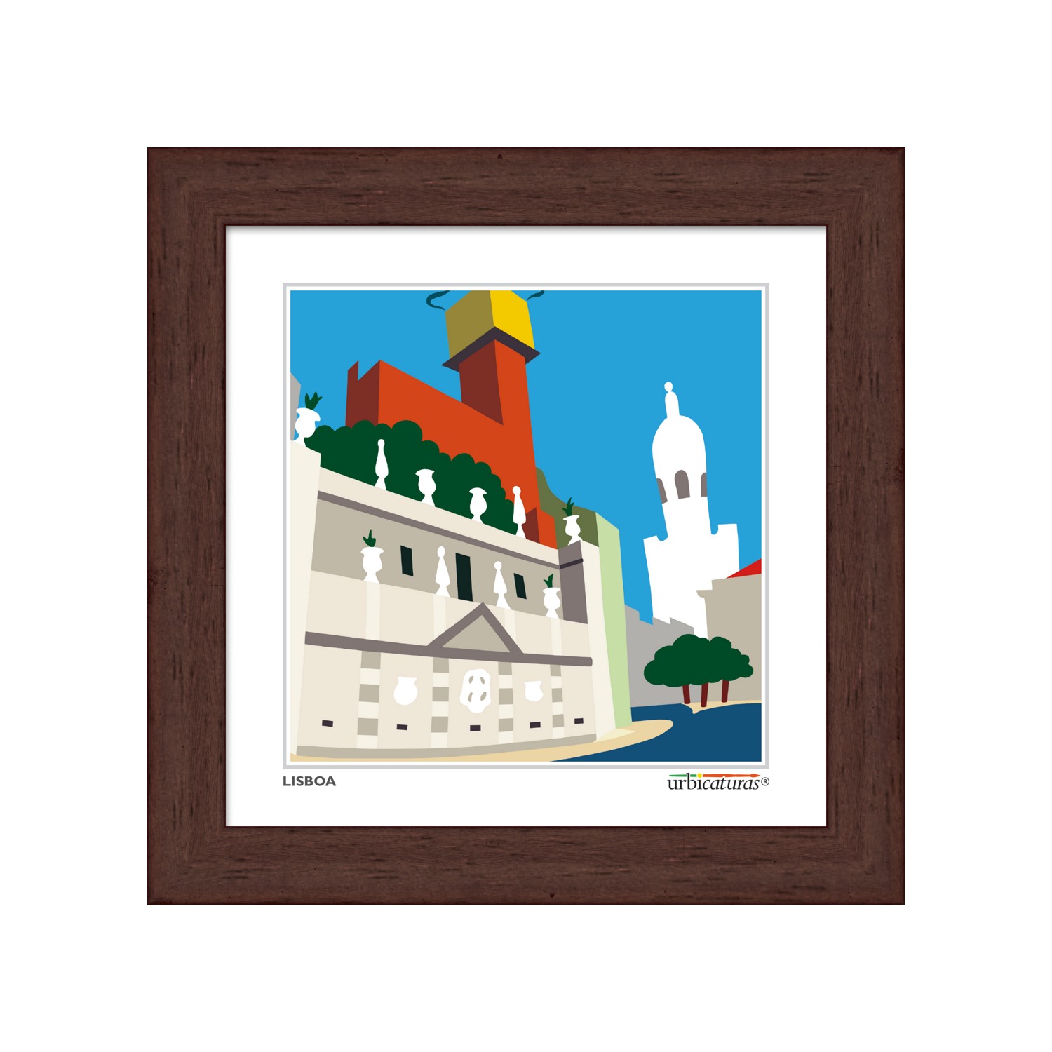 LISBOA Minis – Chafariz d'El Rei Quadro decorativo moldura castanha com imagem ilustrada colorida da cidade Lisboa