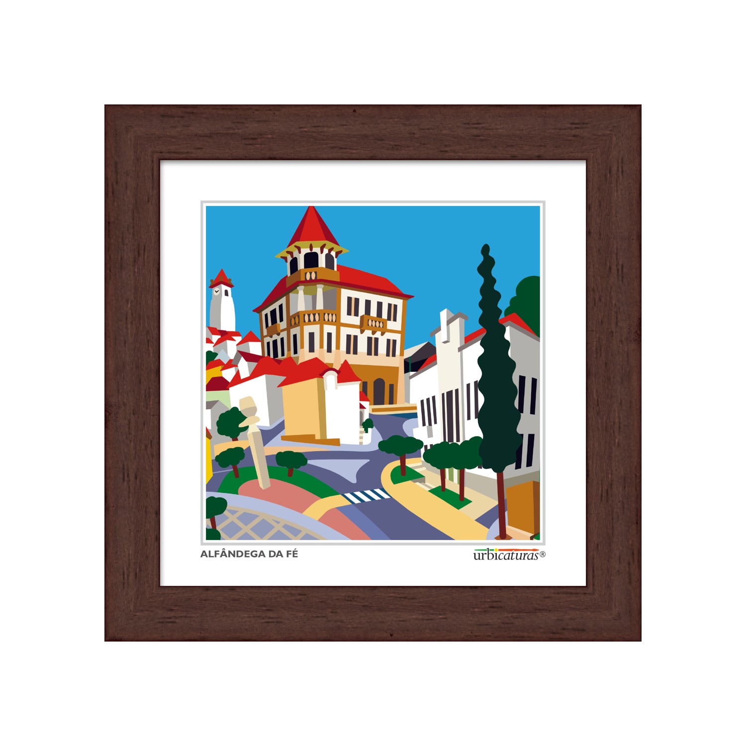 ALFÂNDEGA DA FÉ Minis – Centro Quadro decorativo com ilustração de edifícios e árvores em moldura de madeira