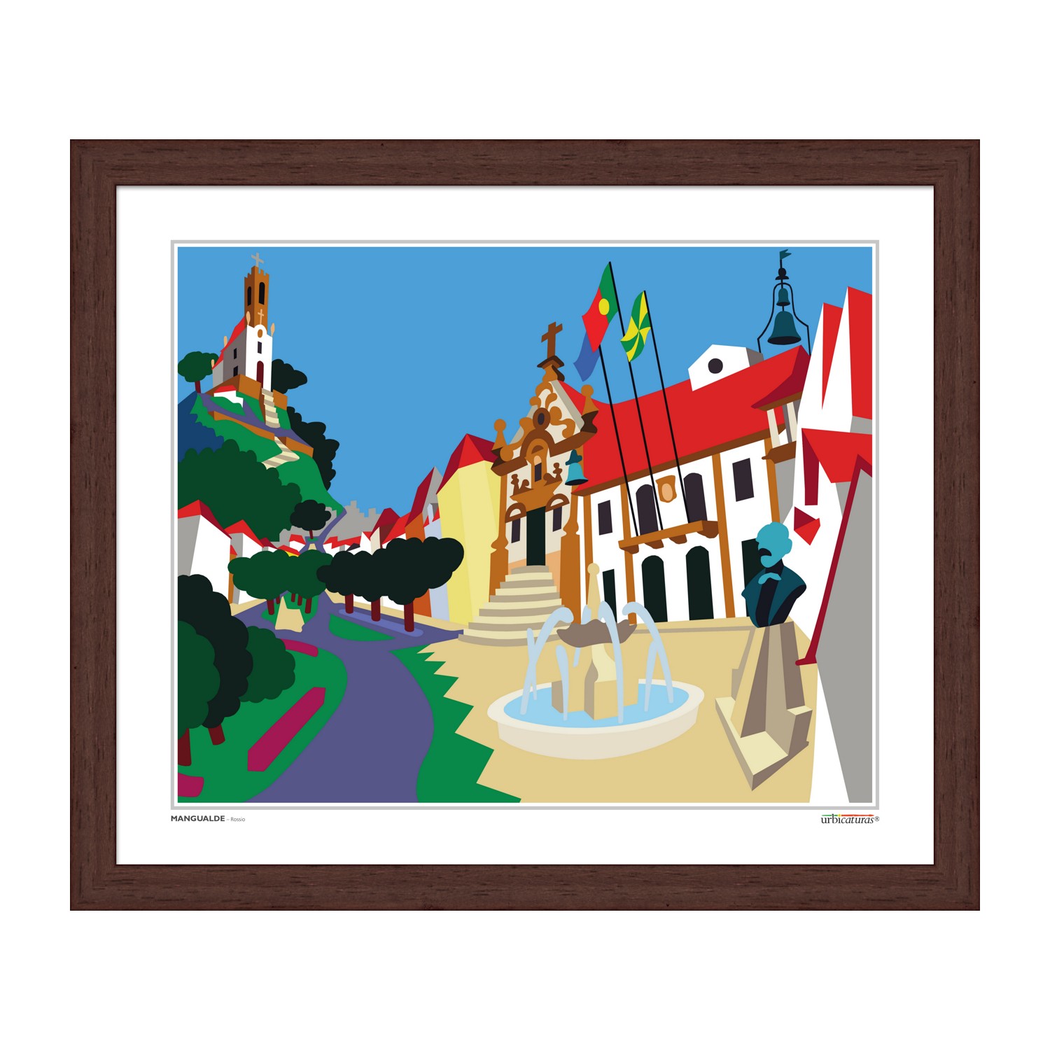 MANGUALDE – Rossio Ilustração colorida de rua histórica com fonte e bandeiras coreanas, emoldurada em madeira