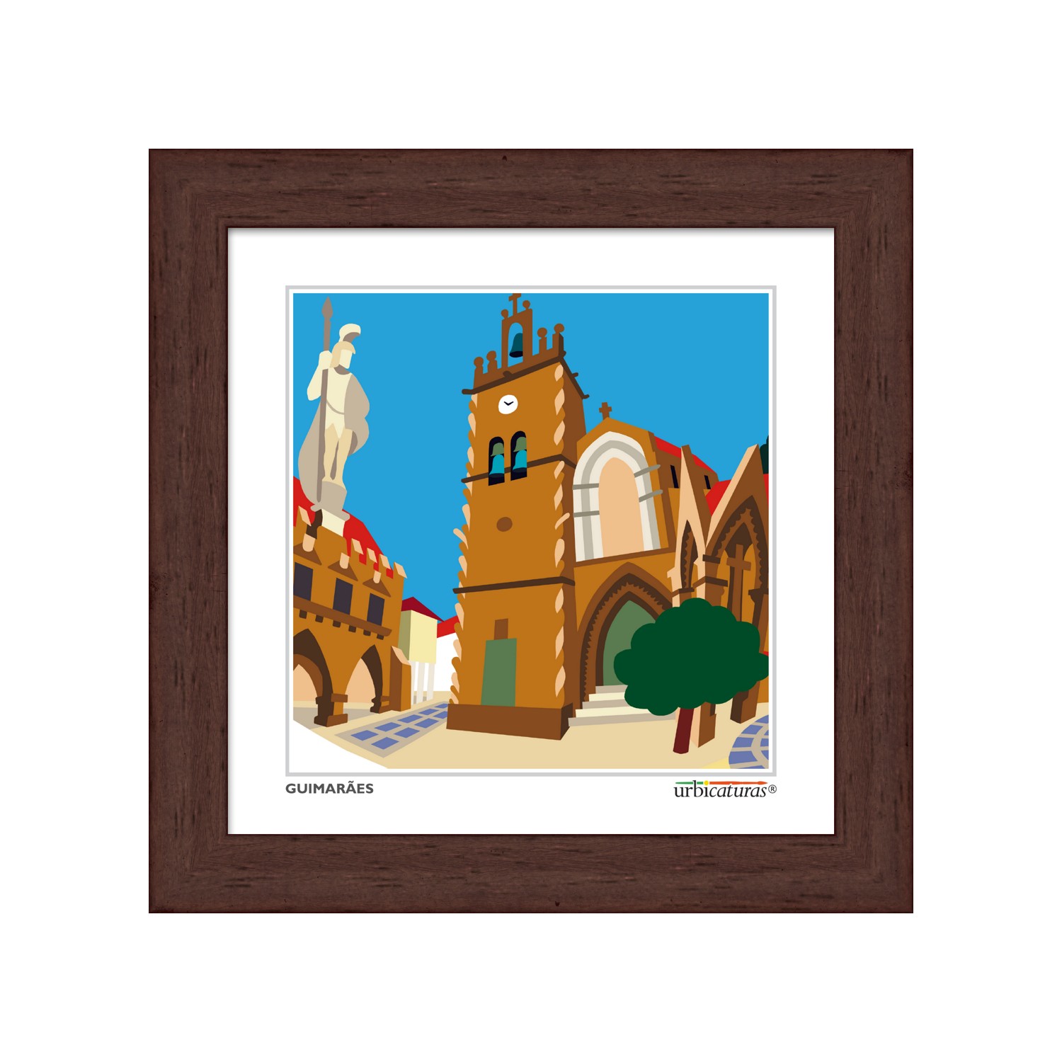 GUIMARÃES Minis – Oliveira Ilustração estilizada da Torre da Porta Nova em Guimarães com moldura de madeira escura