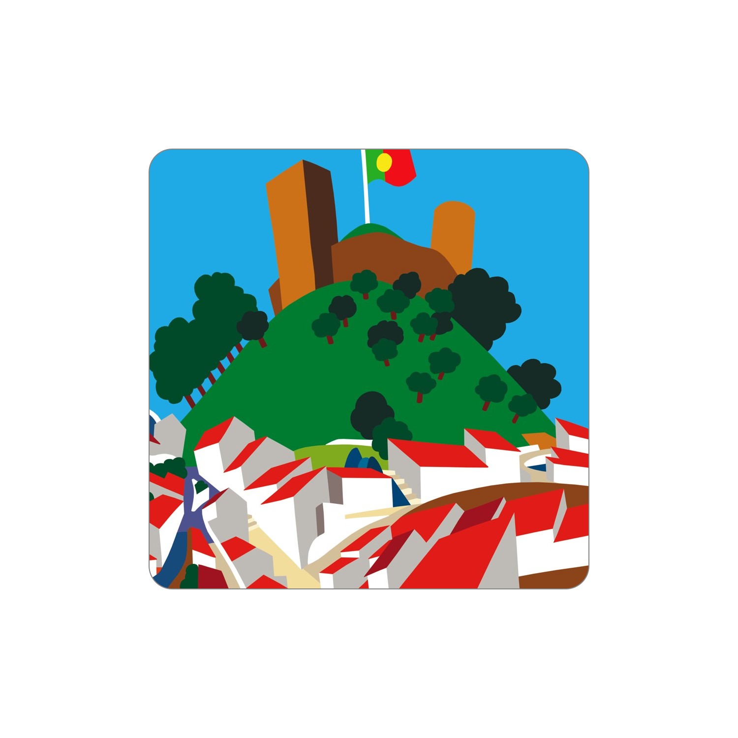 ALJEZUR Ímanes – Castelo Ilustração de cidade com colina, torres, casas e bandeira de Portugal