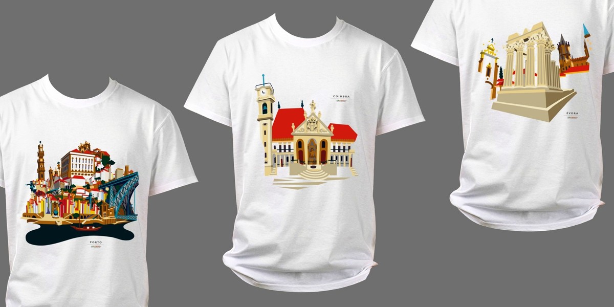 Três t-shirts brancas com ilustrações de monumentos portugueses