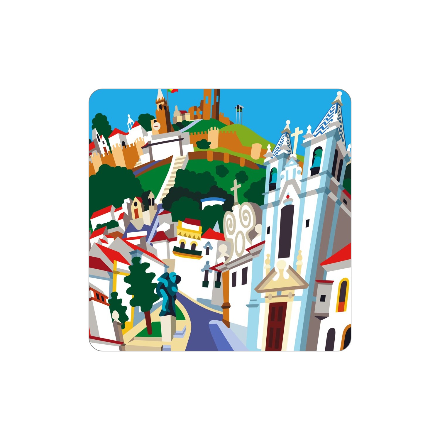 MONTEMOR-O-NOVO Ímanes – São João de Deus Ilustração de cenário urbano com igreja, muralhas e estátua em cores vibrantes.