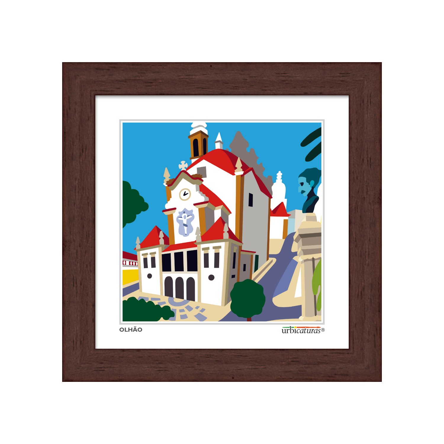 OLHÃO Minis – Rosário (detrás) Moldura com ilustração colorida de edifício com telhados vermelhos e texto OLHÃO