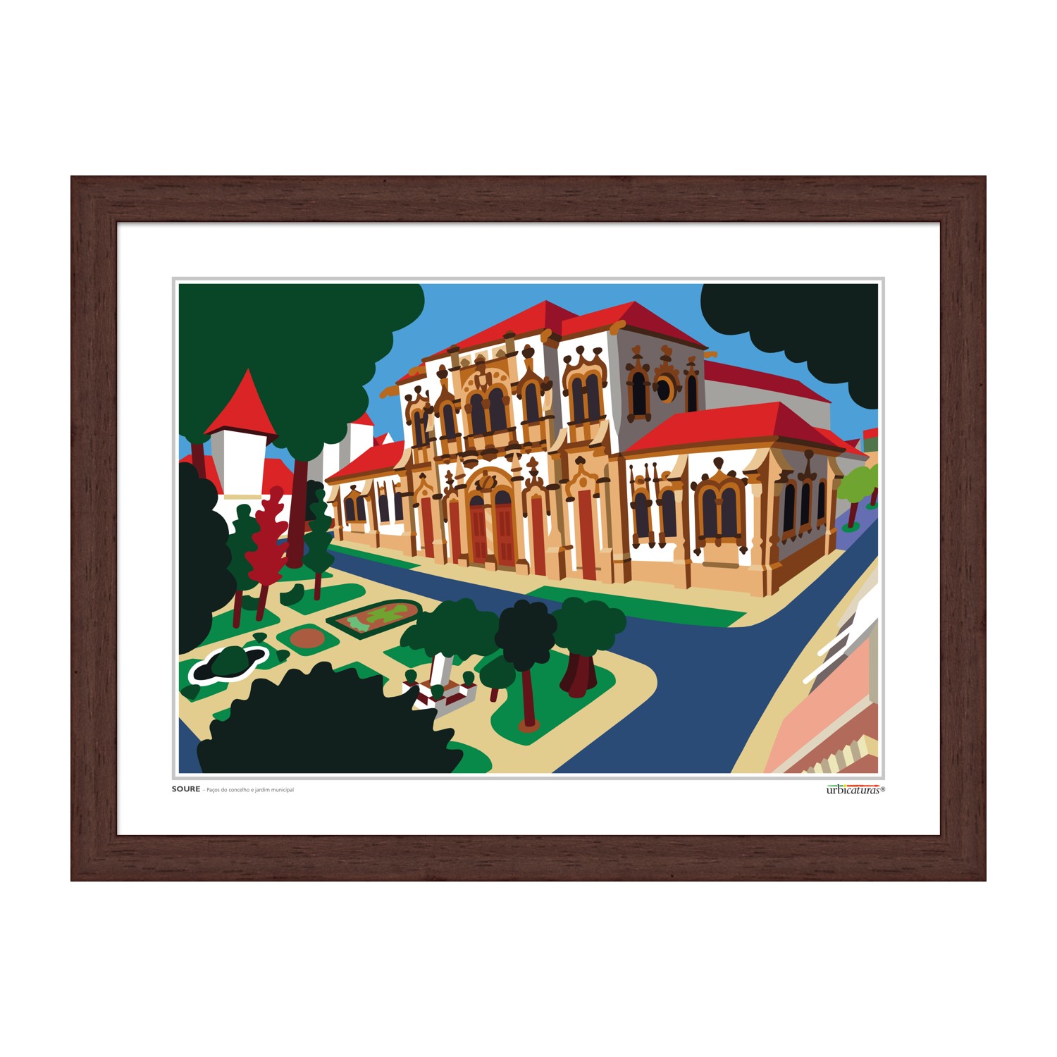 SOURE – Paços do concelho e jardim municipal Quadro ilustrado de edifício clássico com jardim e moldura de madeira