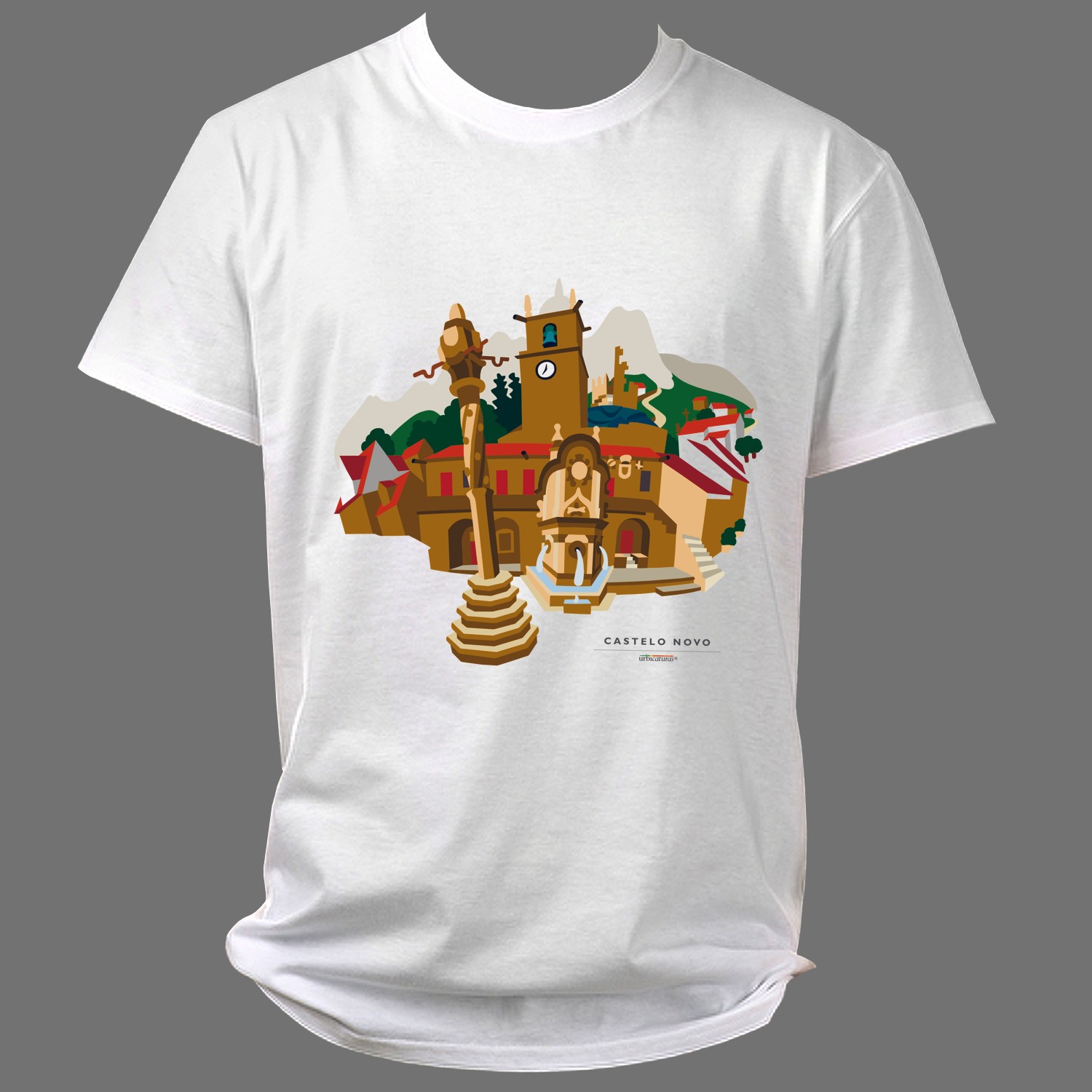 CASTELO NOVO T-Shirts – Praça T-shirt branca com design gráfico colorido de arquitetura e texto 'CASTELO NOVO'.