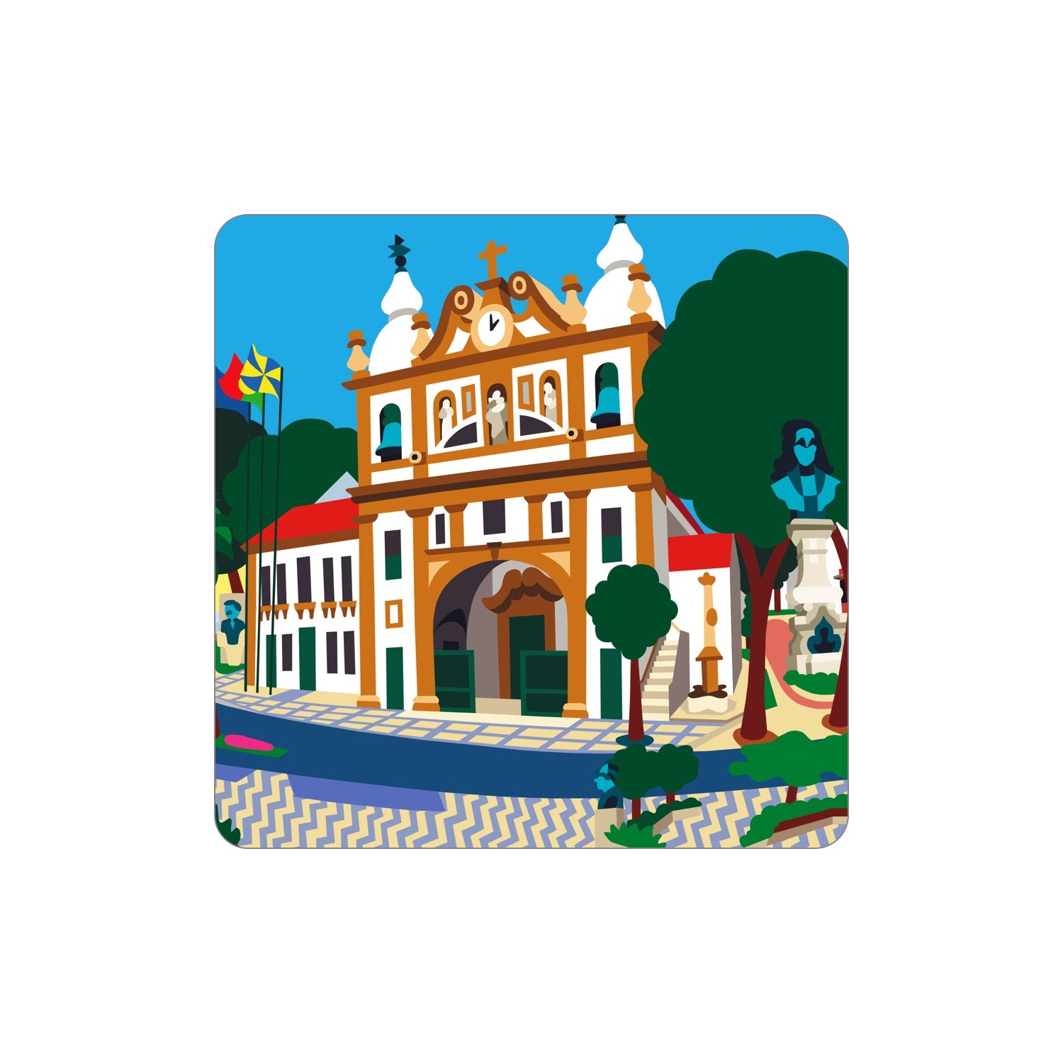 POMBAL Ímanes – Cardal Ilustração de prédio com fachadas branca e castanha, árvores, estátuas e bandeiras num passeio com padrão geométrico.