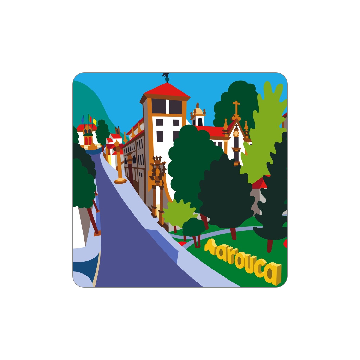 AROUCA Ímanes – Mosteiro Ilustração colorida de uma rua em Arouca com edifício branco, árvores e texto amarelo