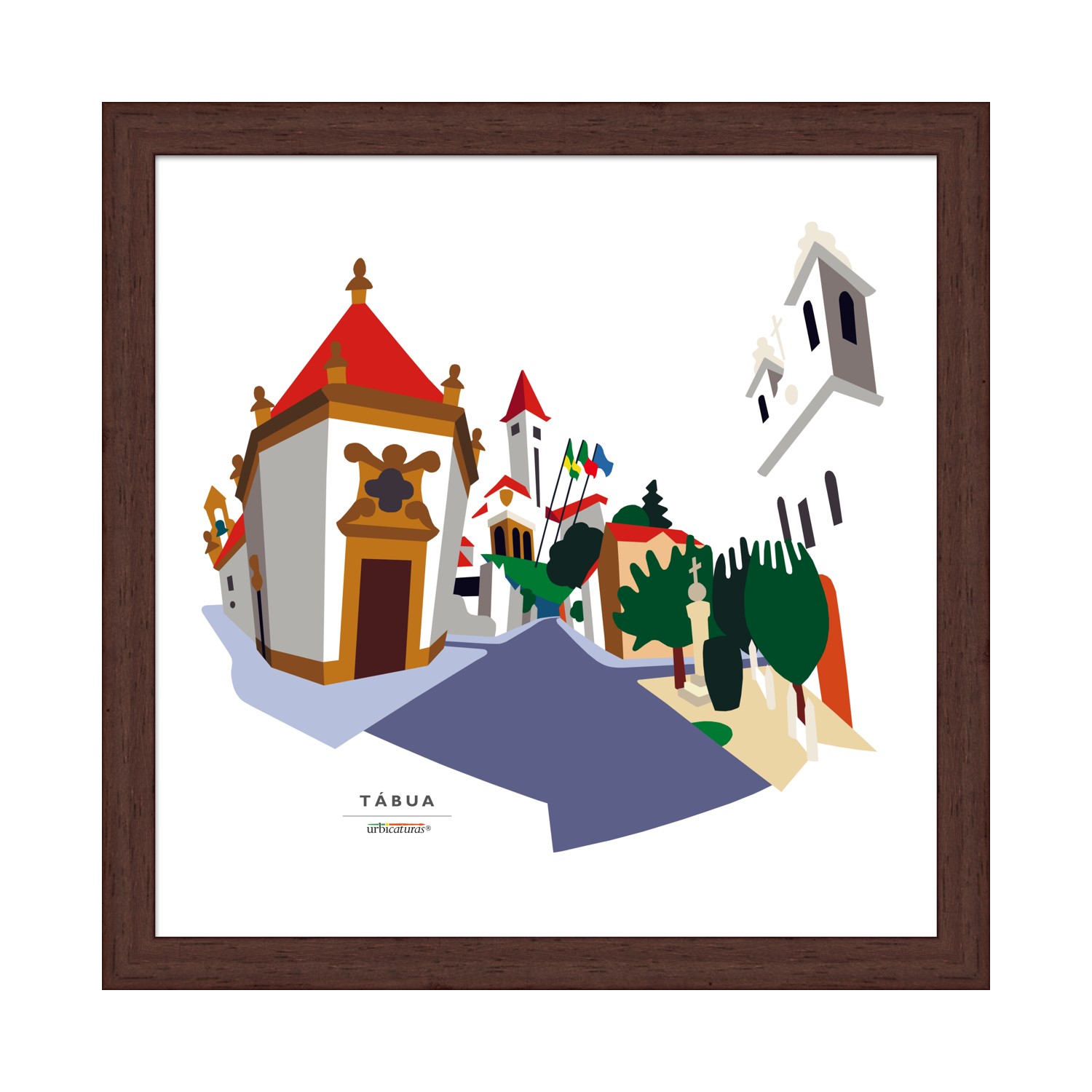TÁBUA Recortes – Milagres Ilustração de edifícios com telhados vermelhos, árvores verdes e texto TÁBUA em moldura de madeira