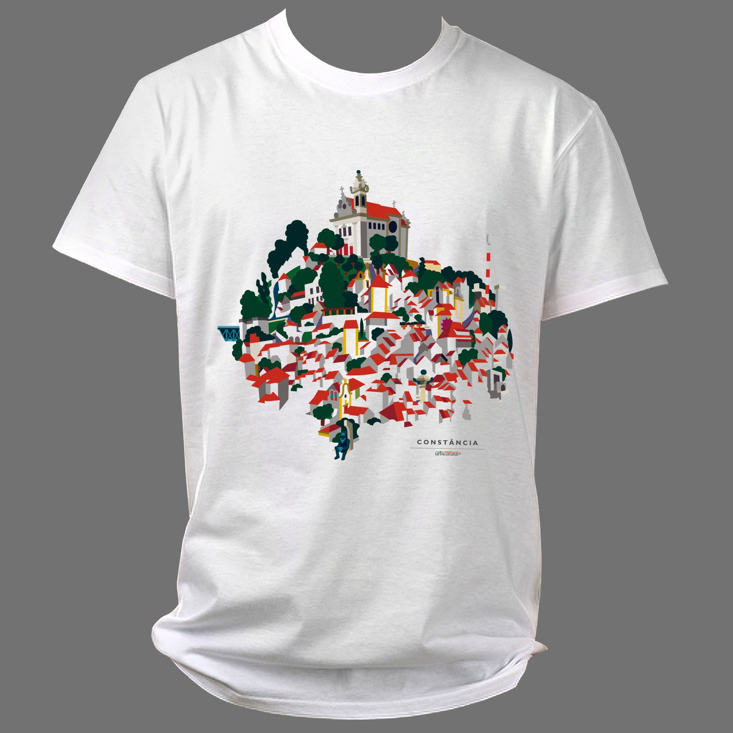 CONSTÂNCIA T-Shirts – Geral T-shirt branca com estampa colorida de paisagem urbana e texto CONSTÂNCIA PORTUGAL