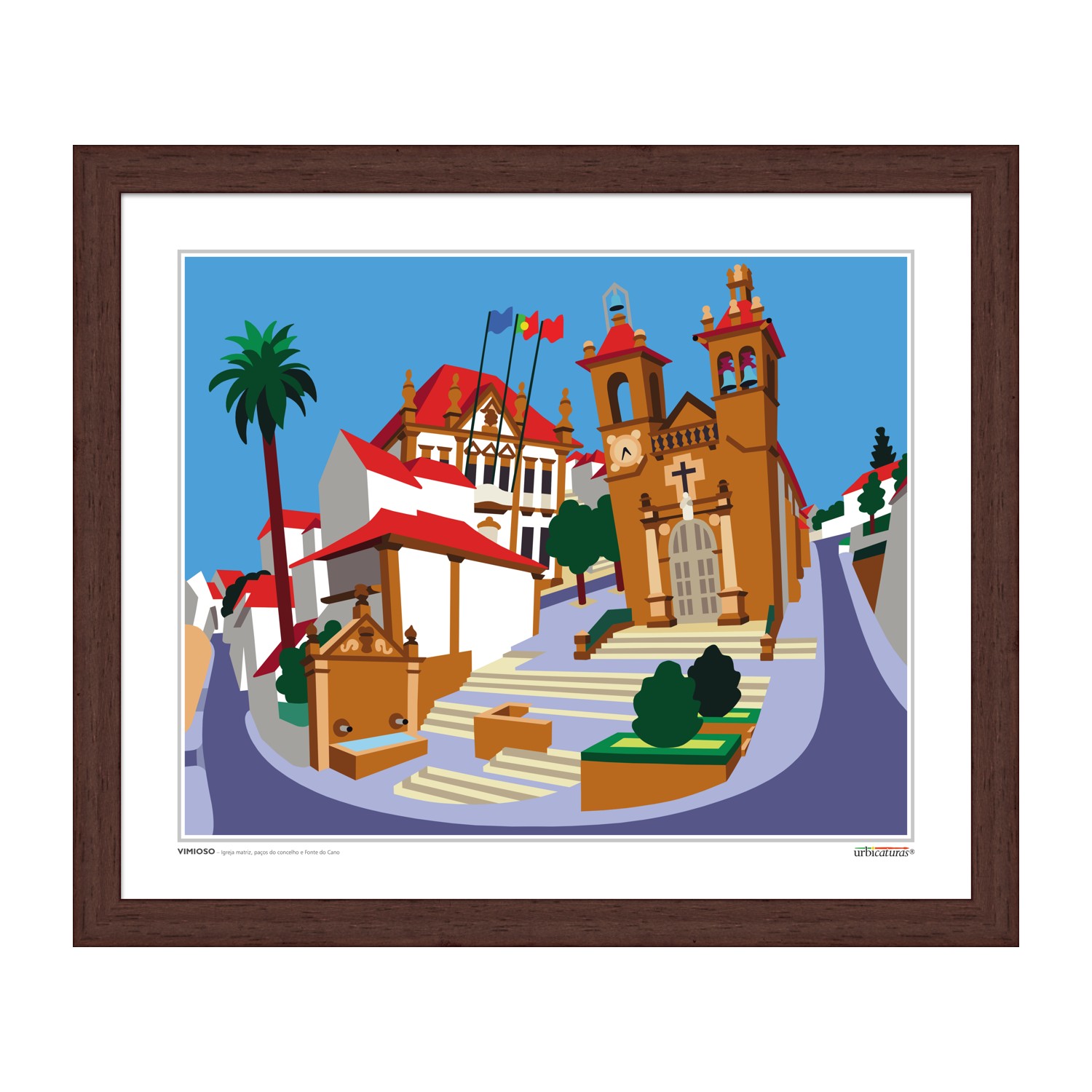 VIMIOSO – Igreja matriz, paços do concelho e Fonte do Cano Ilustração de cenário urbano histórico com igreja e árvores em moldura de madeira.