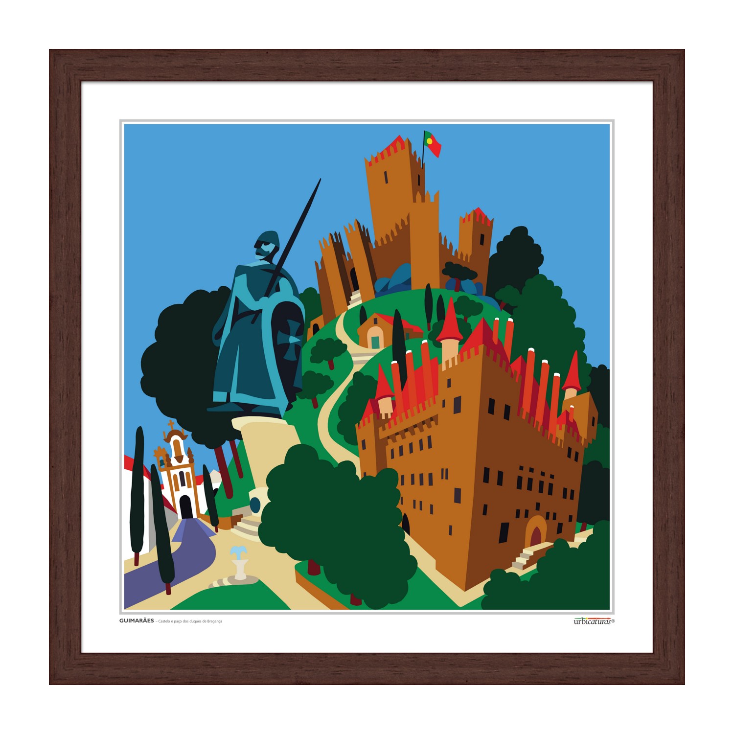 GUIMARÃES – Castelo e paço dos duques de Bragança Ilustração de castelo e monumento com moldura de madeira castanha