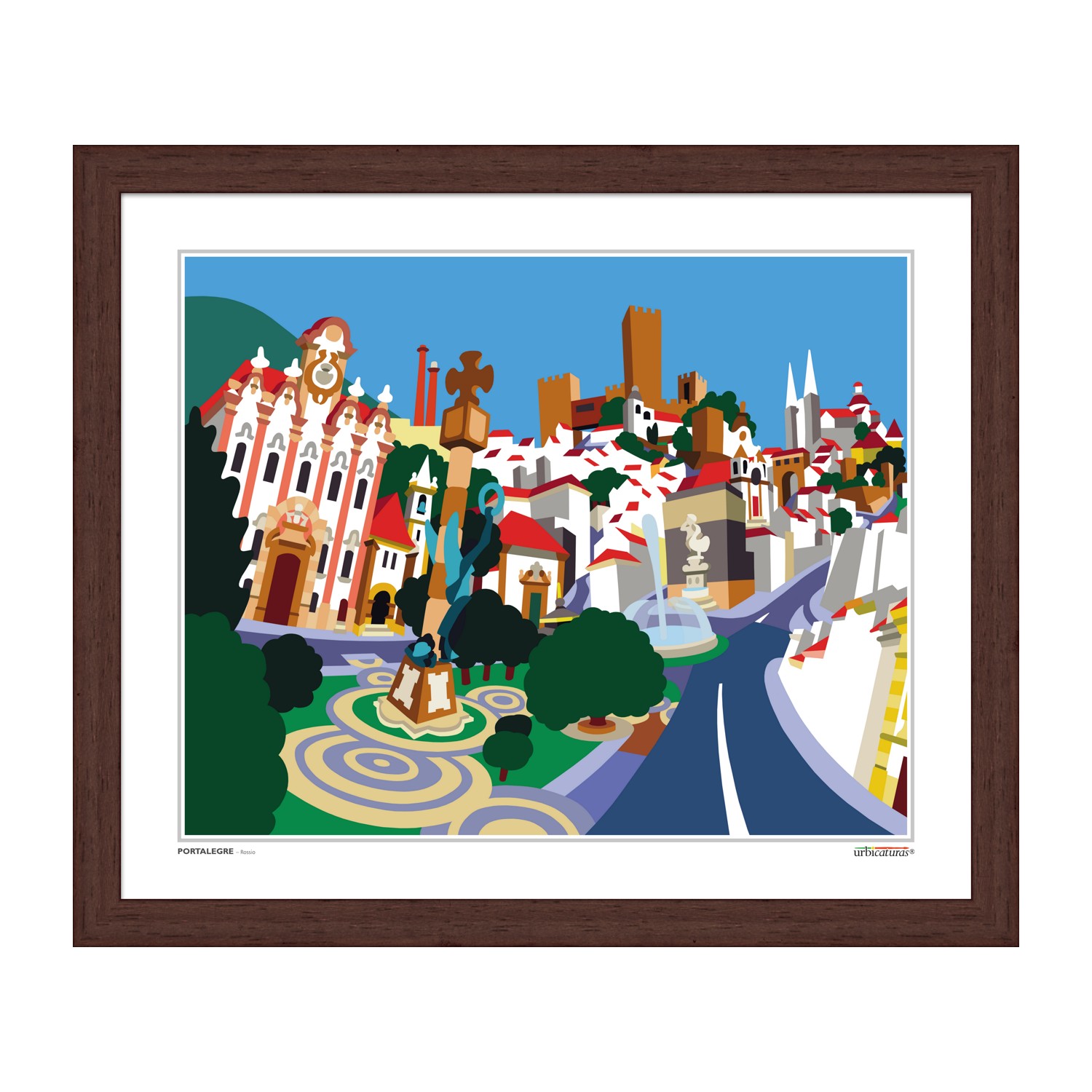 PORTALEGRE – Rossio Ilustração digital de uma cidade com edifícios históricos e árvores num quadro castanho