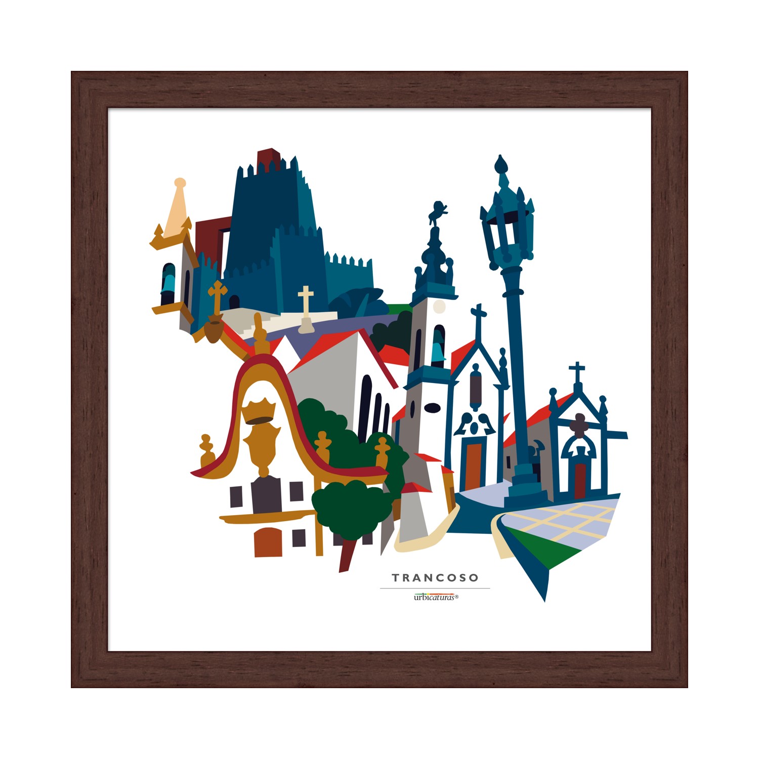 TRANCOSO Recortes – Dom Dinis Ilustração colorida de edifícios históricos de Trancoso em moldura de madeira escura