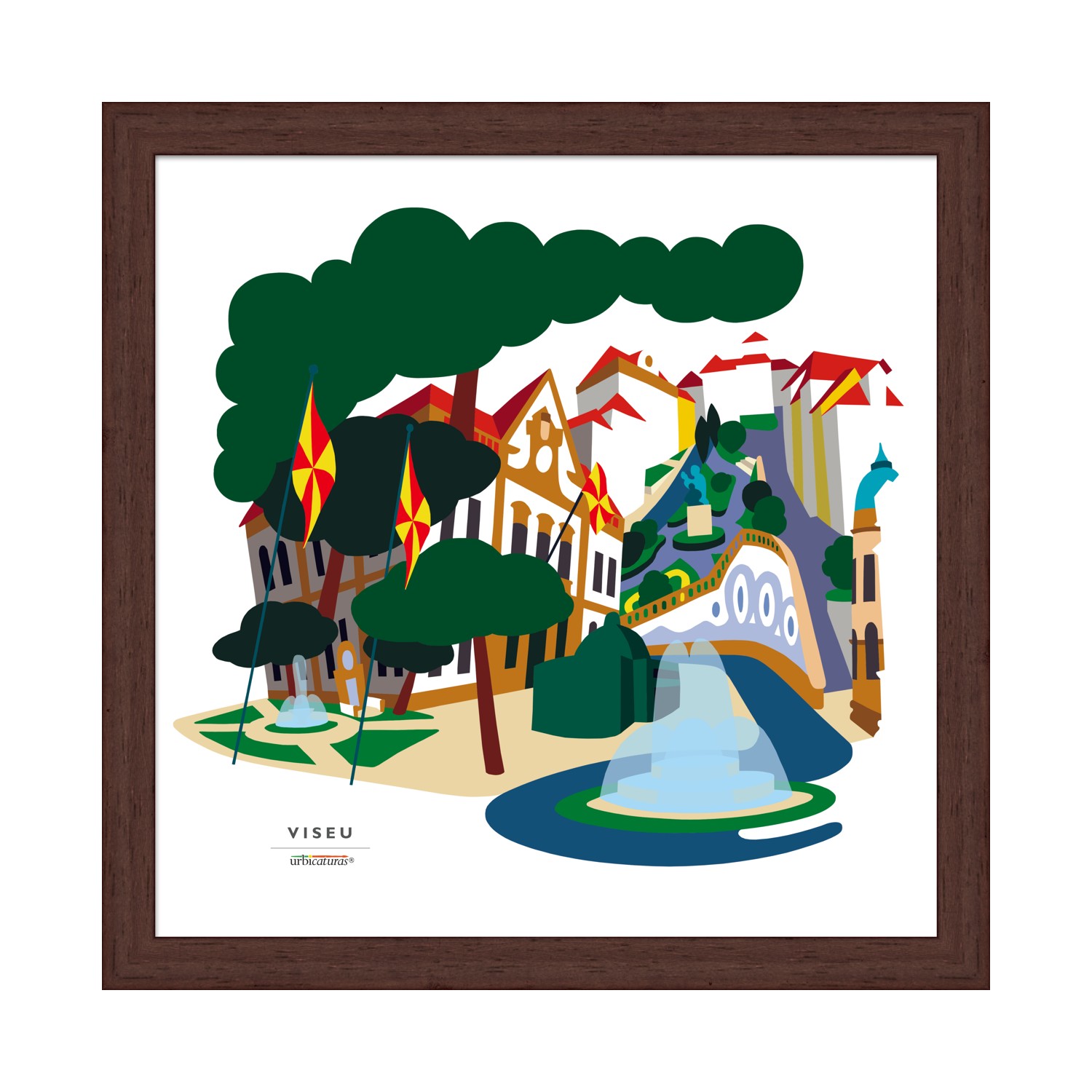 VISEU Recortes – Rossio Ilustração digital colorida da cidade de Viseu com árvores, casas e fonte emoldurada em madeira.