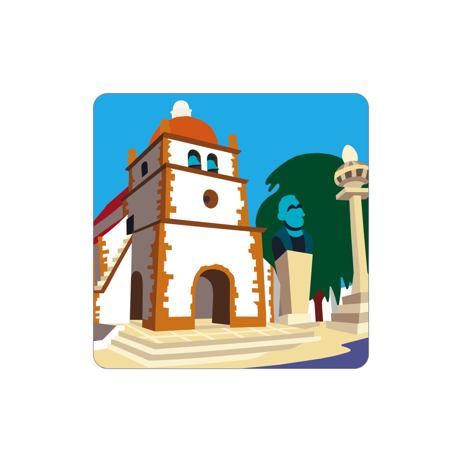 PEDRÓGÃO GRANDE Ímanes – Matriz Igreja branca com torre, sinos, escadas laterais e busto em pedestal com árvore ao fundo.