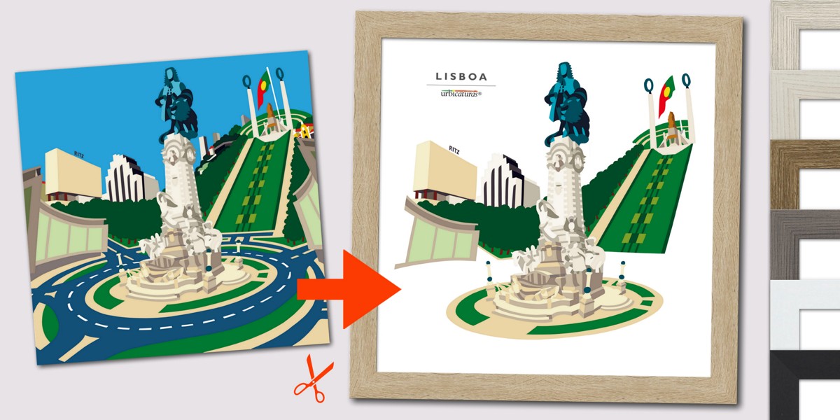 Ilustração digital do monumento Praça dos Restauradores em Lisboa em fundo azul e branco, com moldura de madeira.