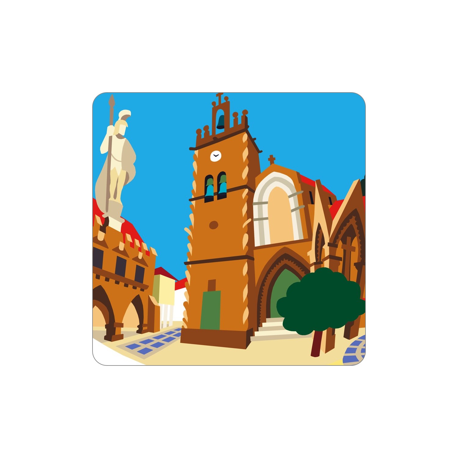 GUIMARÃES Ímanes – Oliveira Ilustração de edifícios históricos medievais castanhos com torre, sino, estátua e árvore