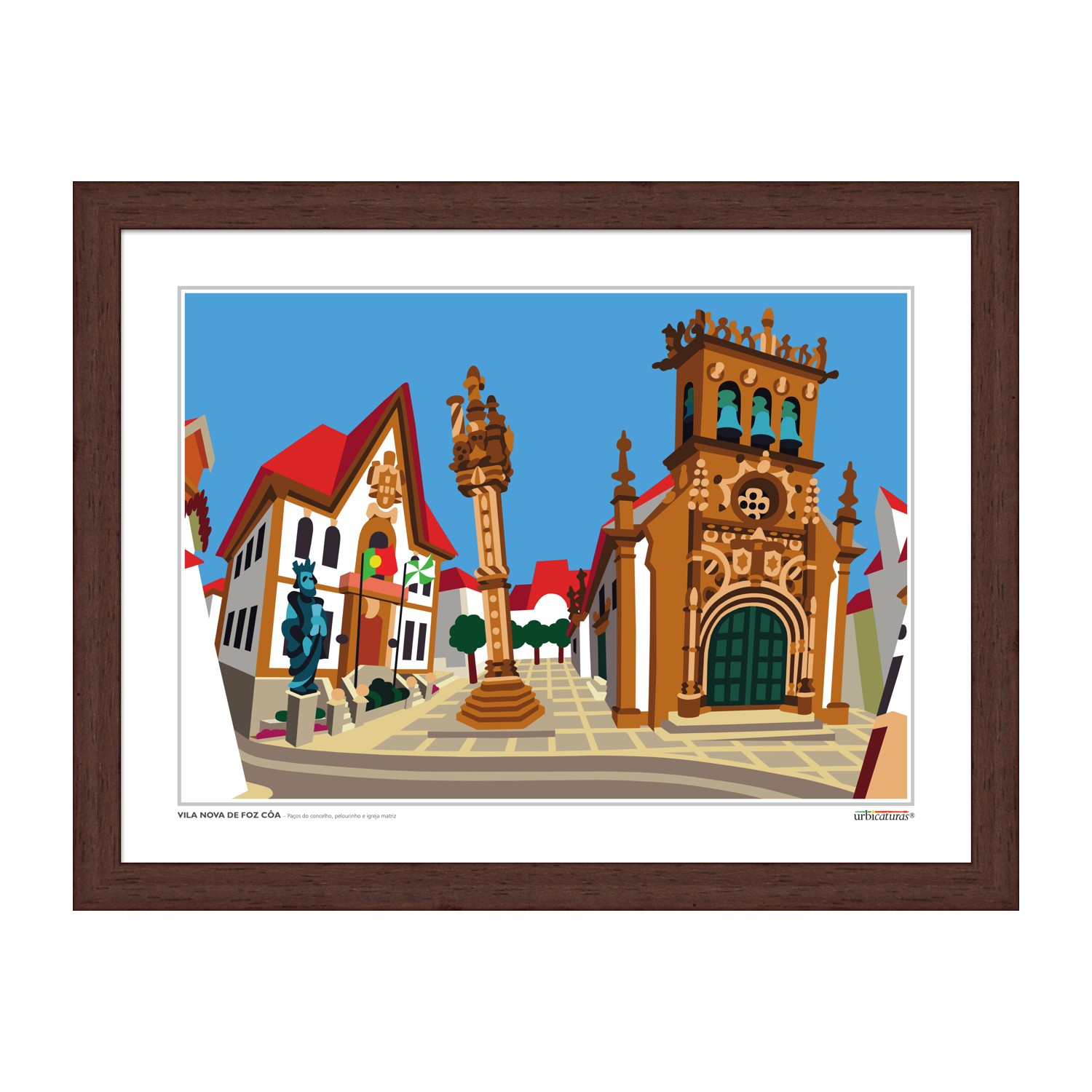 VILA NOVA DE FOZ CÔA – Paços do concelho, pelourinho e igreja matriz Ilustração colorida de praça histórica com edifícios e estátuas emoldurada