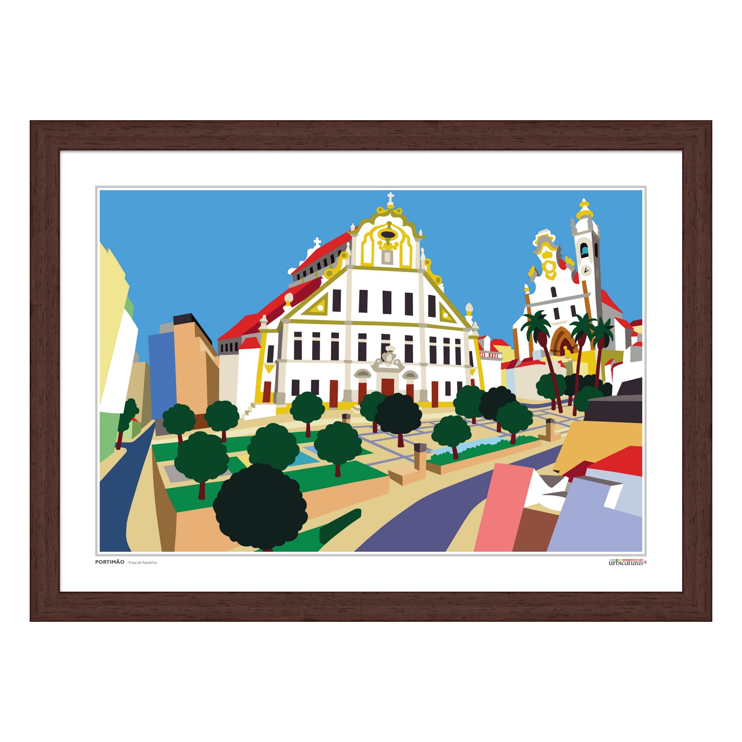 PORTIMÃO – Praça da República Quadro decorativo com ilustração de edifícios históricos e árvores em moldura de madeira