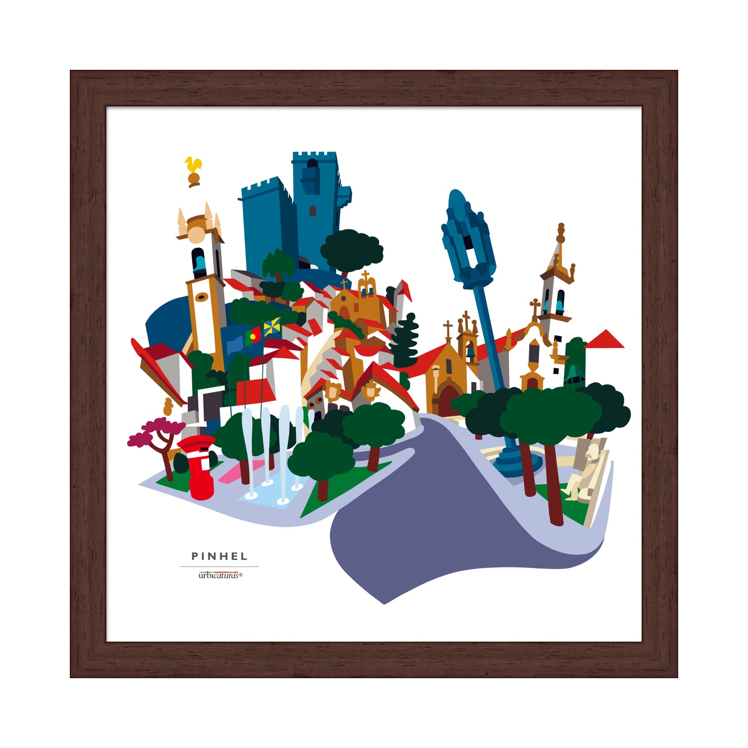 PINHEL Recortes – Geral Ilustração colorida da cidade de Pinhel em quadro com moldura de madeira escura