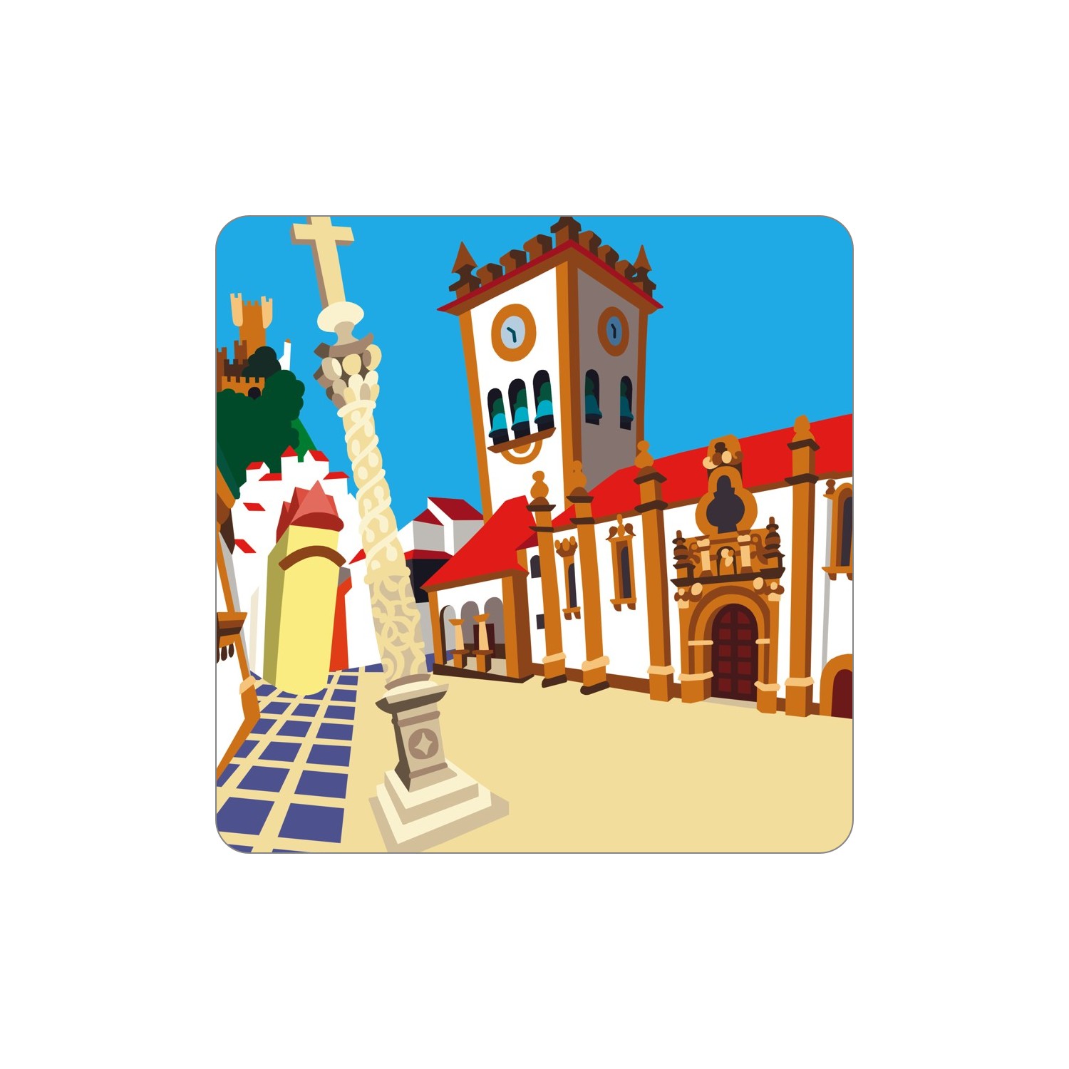 BRAGANÇA Ímanes – Sé Velha Ilustração de praça com coluna, torre de relógio e edifícios com telhados vermelhos.