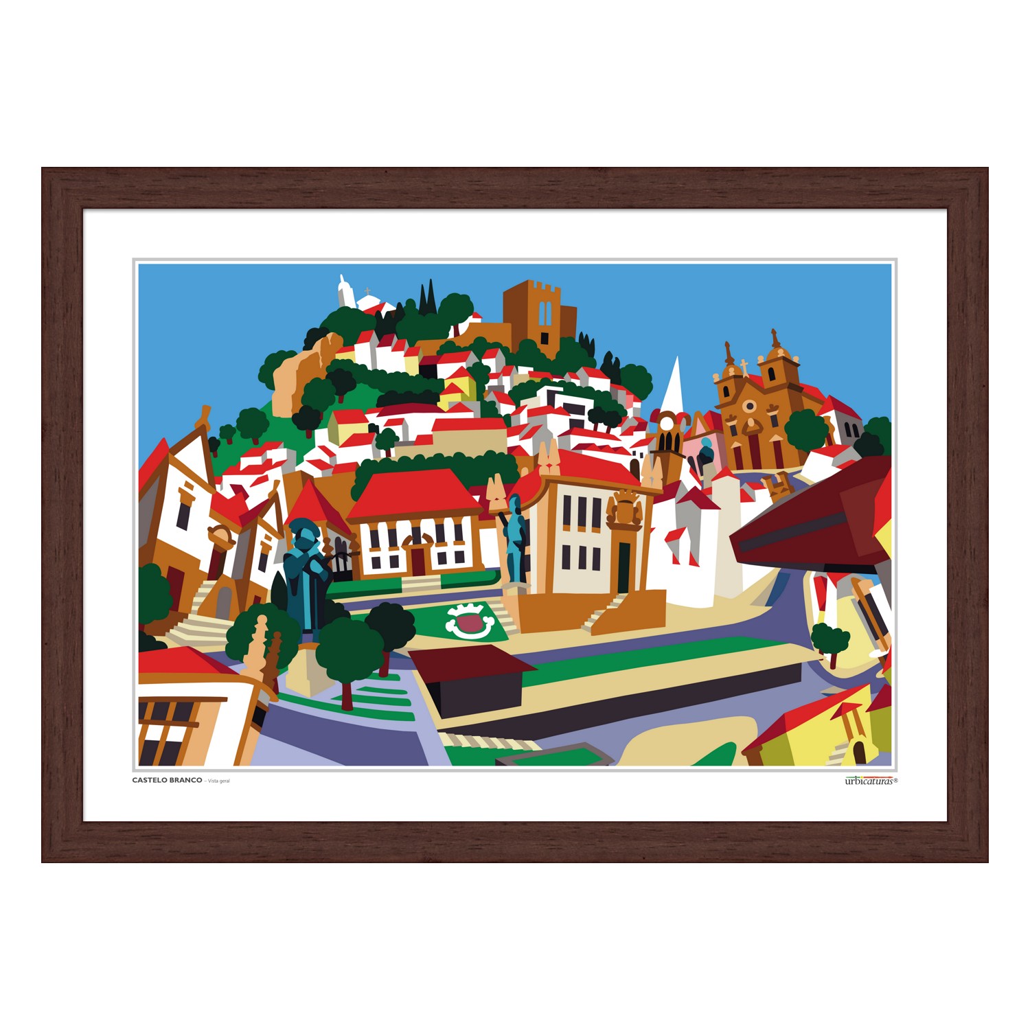 CASTELO BRANCO – Vista geral Pintura digital colorida de uma aldeia com casas brancas e telhados vermelhos, igreja, árvores verdes e céu azul em moldura de madeira