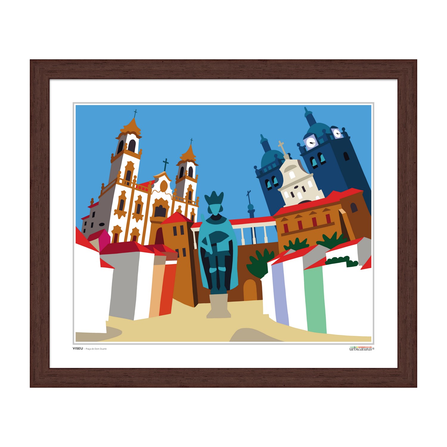 VISEU – Praça de Dom Duarte Ilustração colorida de construções e escultura em moldura castanha