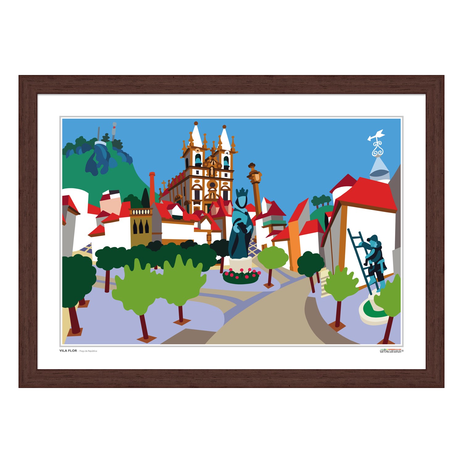 VILA FLOR – Praça da República Quadro ilustrativo da Praça da República em Vila Flor com edifícios, estátuas e árvores sob céu azul