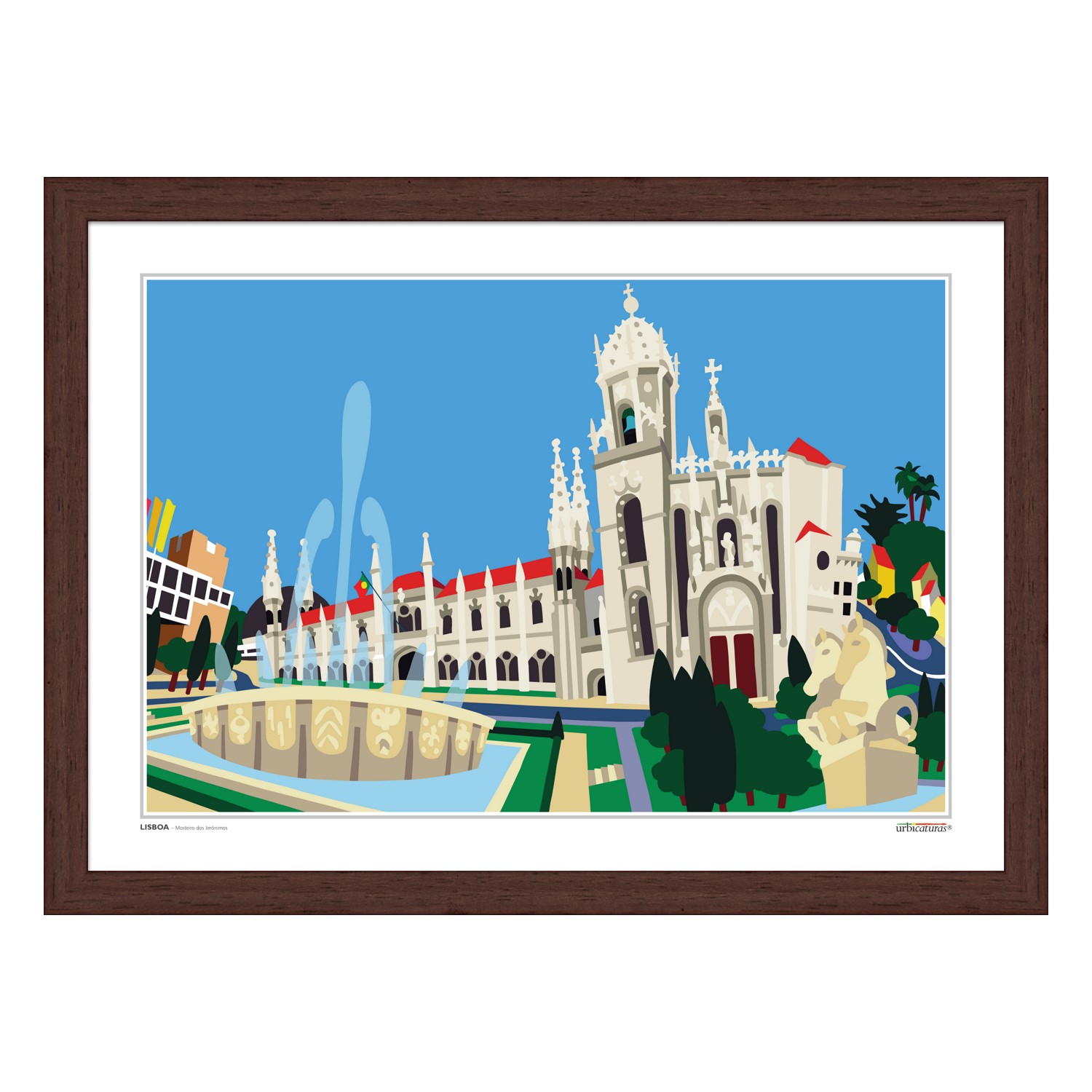 LISBOA – Mosteiro dos Jerónimos Ilustração colorida de edifício histórico com fonte, emoldurada por moldura castanha escura