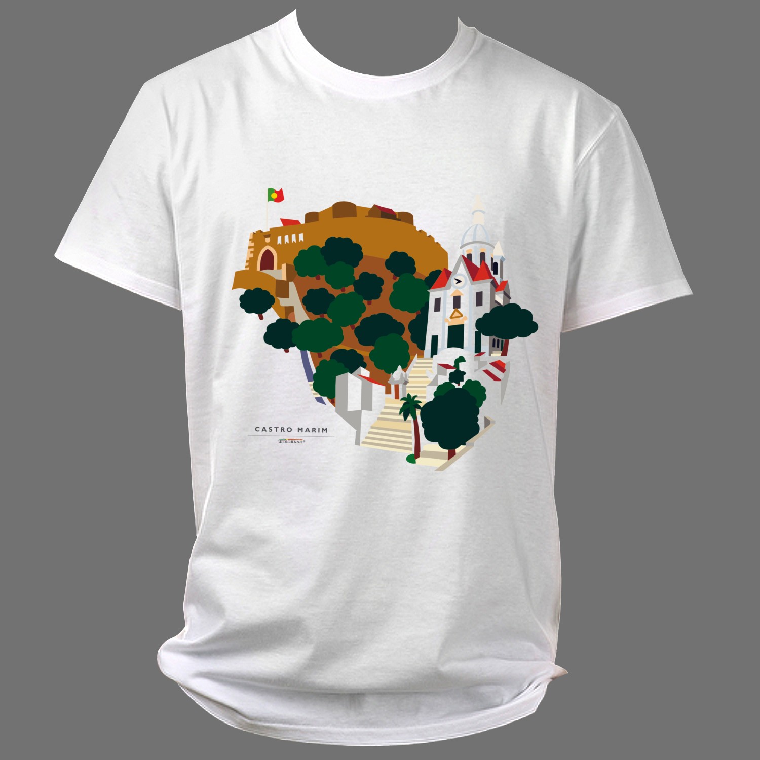 CASTRO MARIM T-Shirts – Matriz T-shirt branca com ilustração colorida de Castelo e igreja com árvores e escadaria