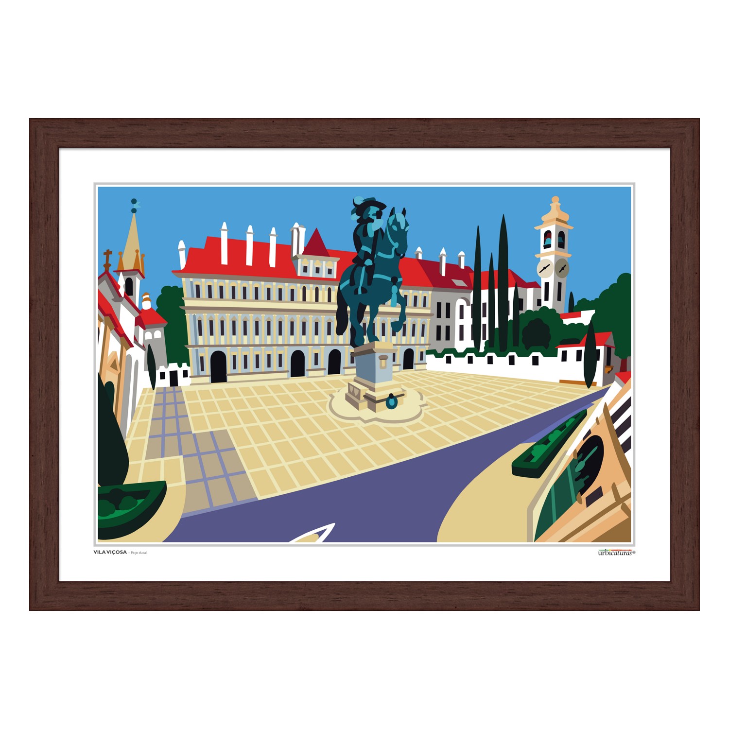 VILA VIÇOSA – Paço ducal Ilustração colorida de praça com estátua equestre e edifícios com telhados vermelhos