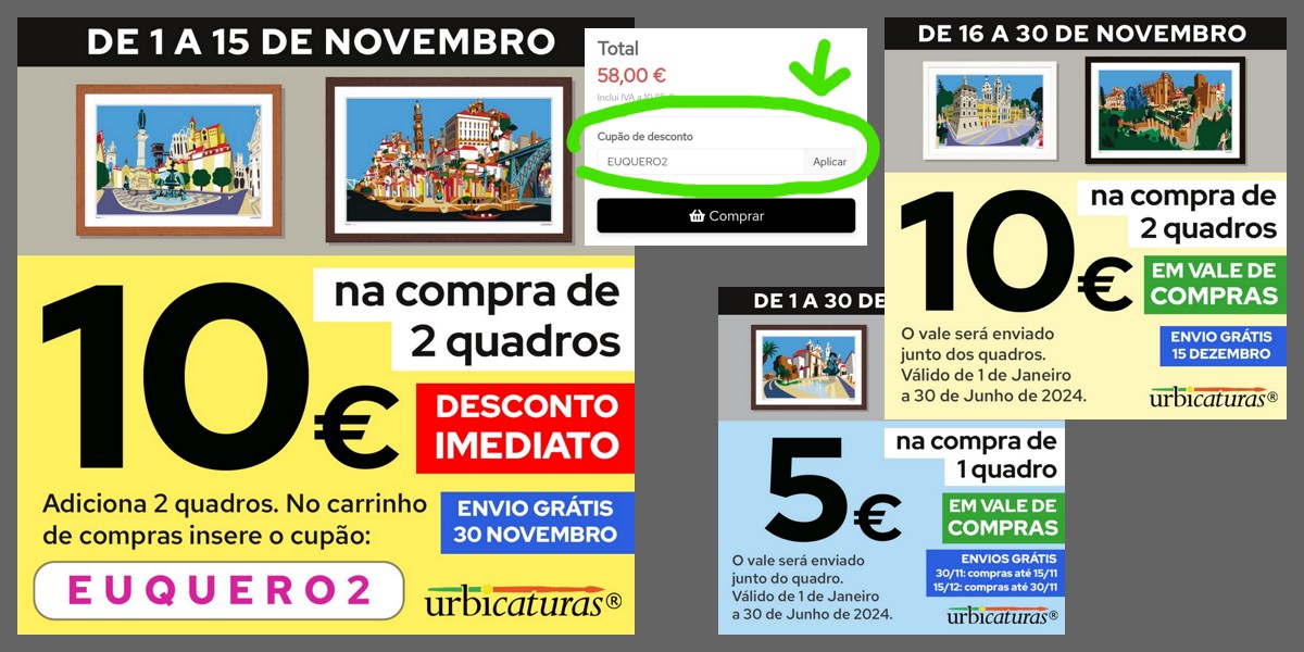 Anúncio promocional de desconto na compra de quadros com vários preços e códigos, datas de 1 a 30 de Novembro