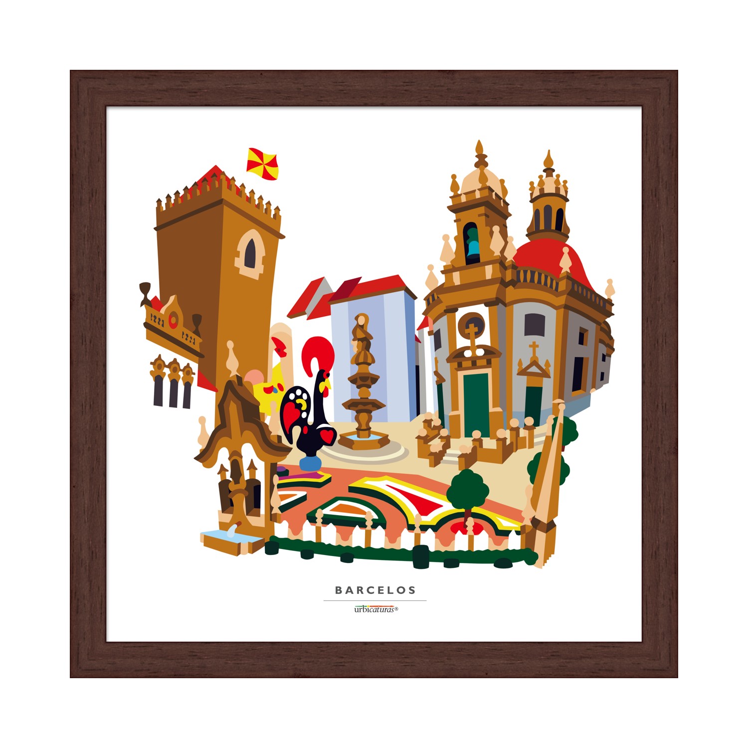 BARCELOS Recortes – Porta Nova Ilustração colorida de monumentos de Barcelos em quadro com moldura castanha