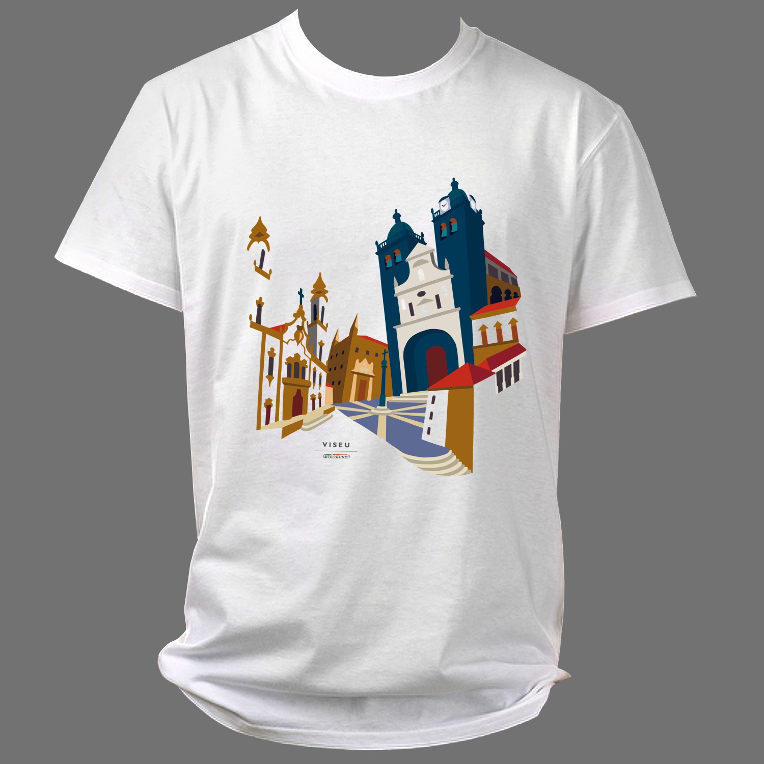 VISEU T-Shirts – Sé T-shirt branca com estampa de edifícios históricos coloridos e texto VISEU PORTUGAL