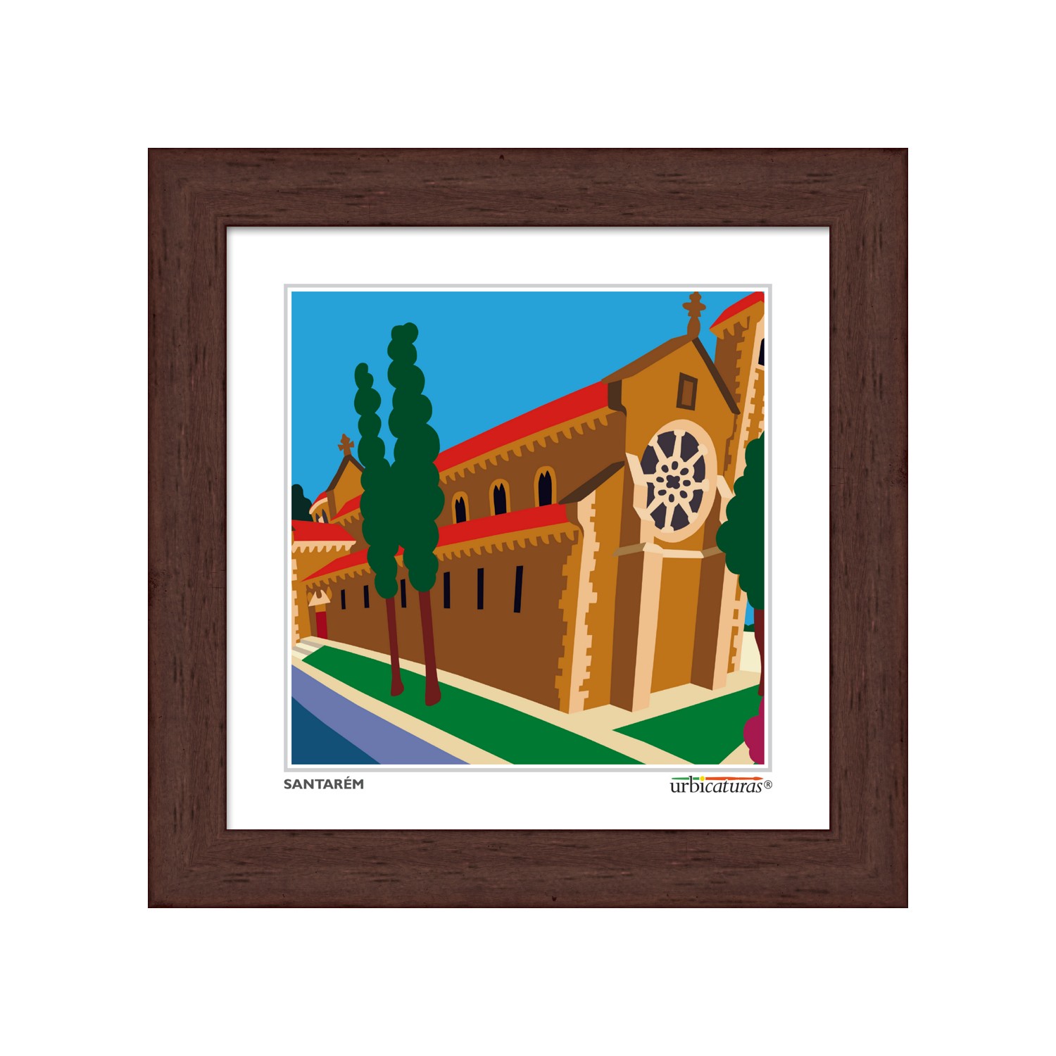 SANTARÉM Minis – Santa Clara Quadro com ilustração de edifício histórico castanho e pinheiros verdes