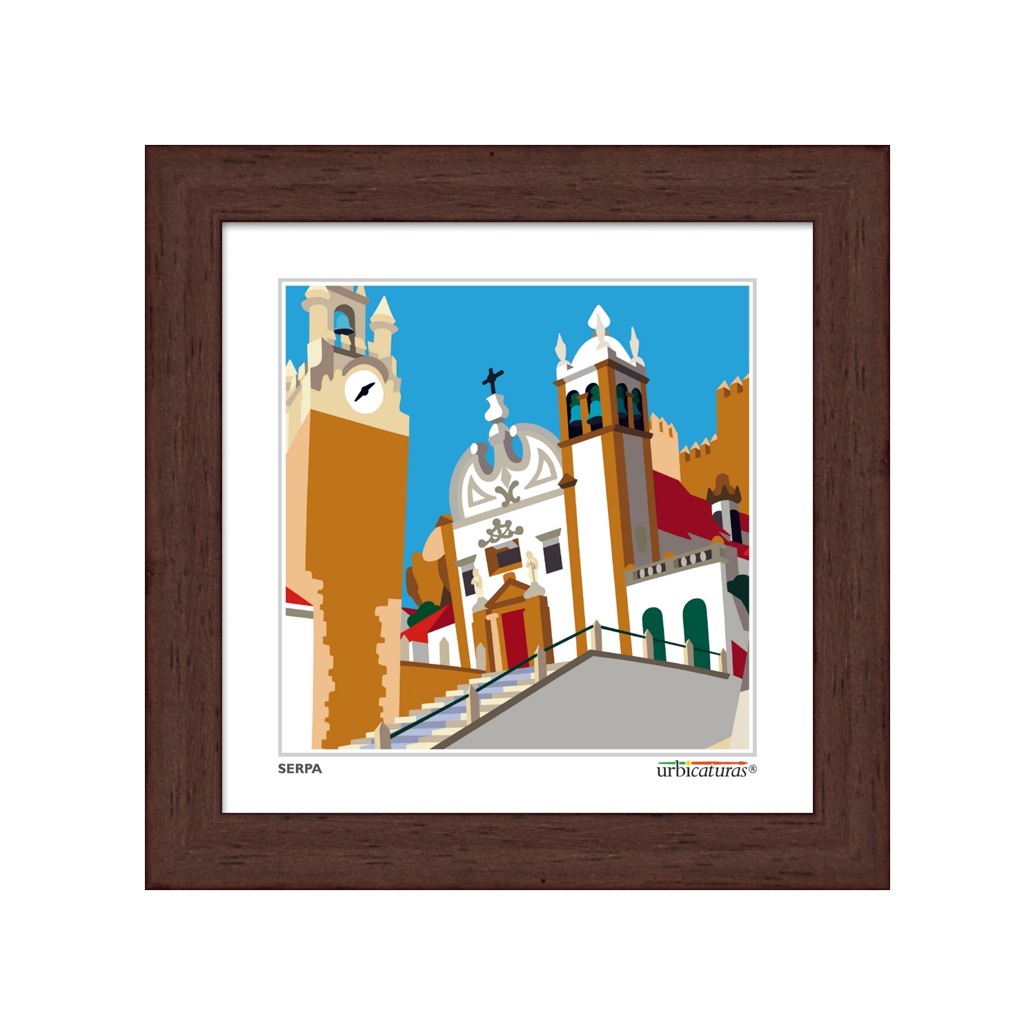 SERPA Minis – Santa Maria Ilustração de prédio tradicional colorido com moldura de madeira castanha