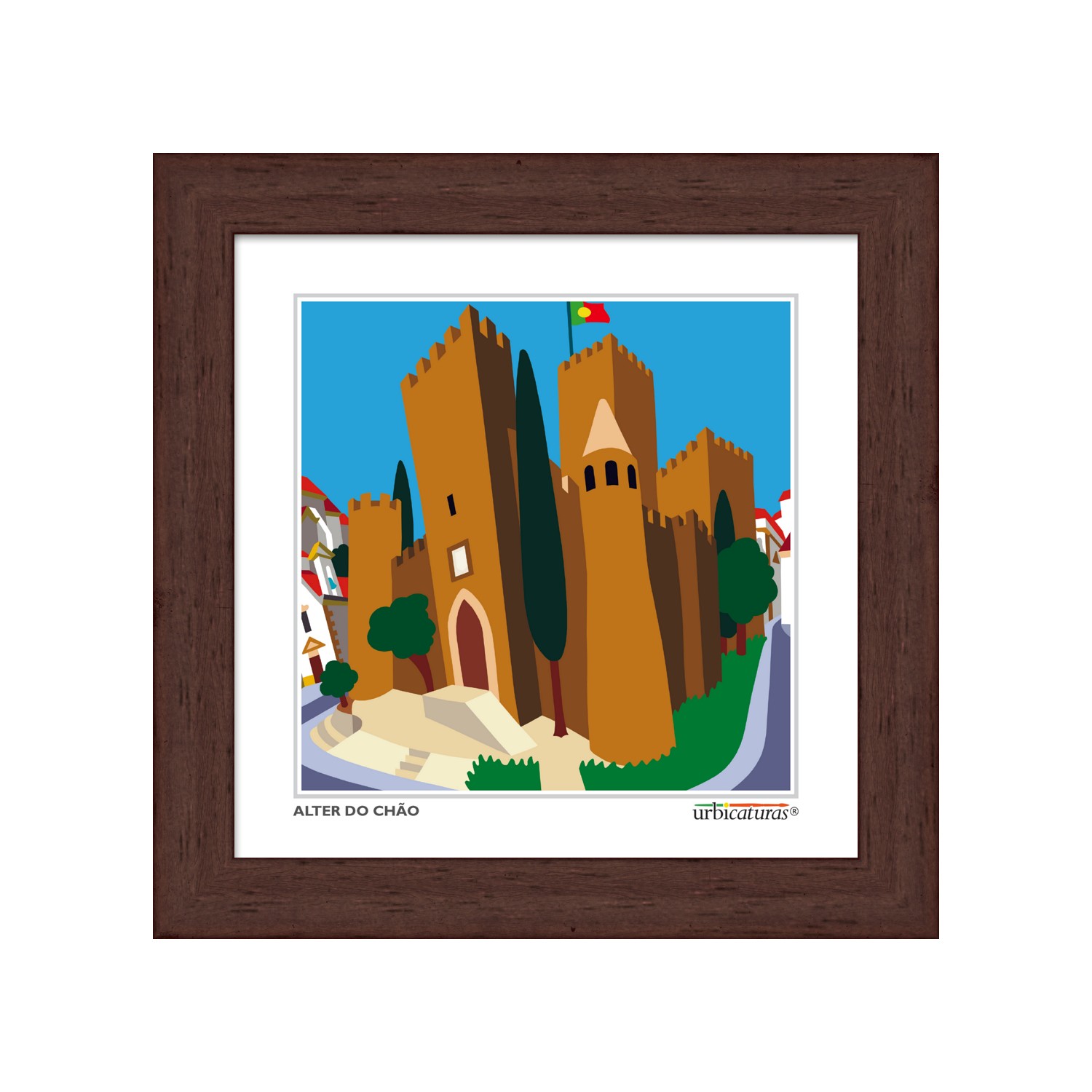 ALTER DO CHÃO Minis – Castelo Quadro com ilustração de castelo castanho com bandeira e moldura de madeira escura