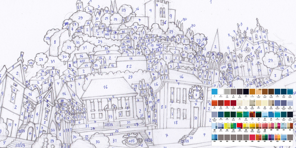 Desenho de cidade para colorir com edifícios numerados e paleta de cores
