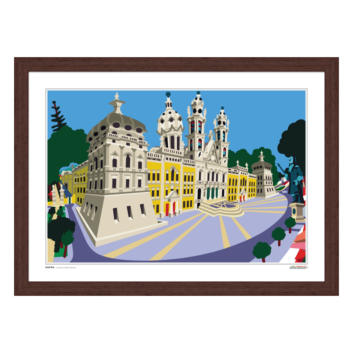 MAFRA – Convento / Palácio Nacional Ilustração colorida de edifícios históricos numa praça com céu azul